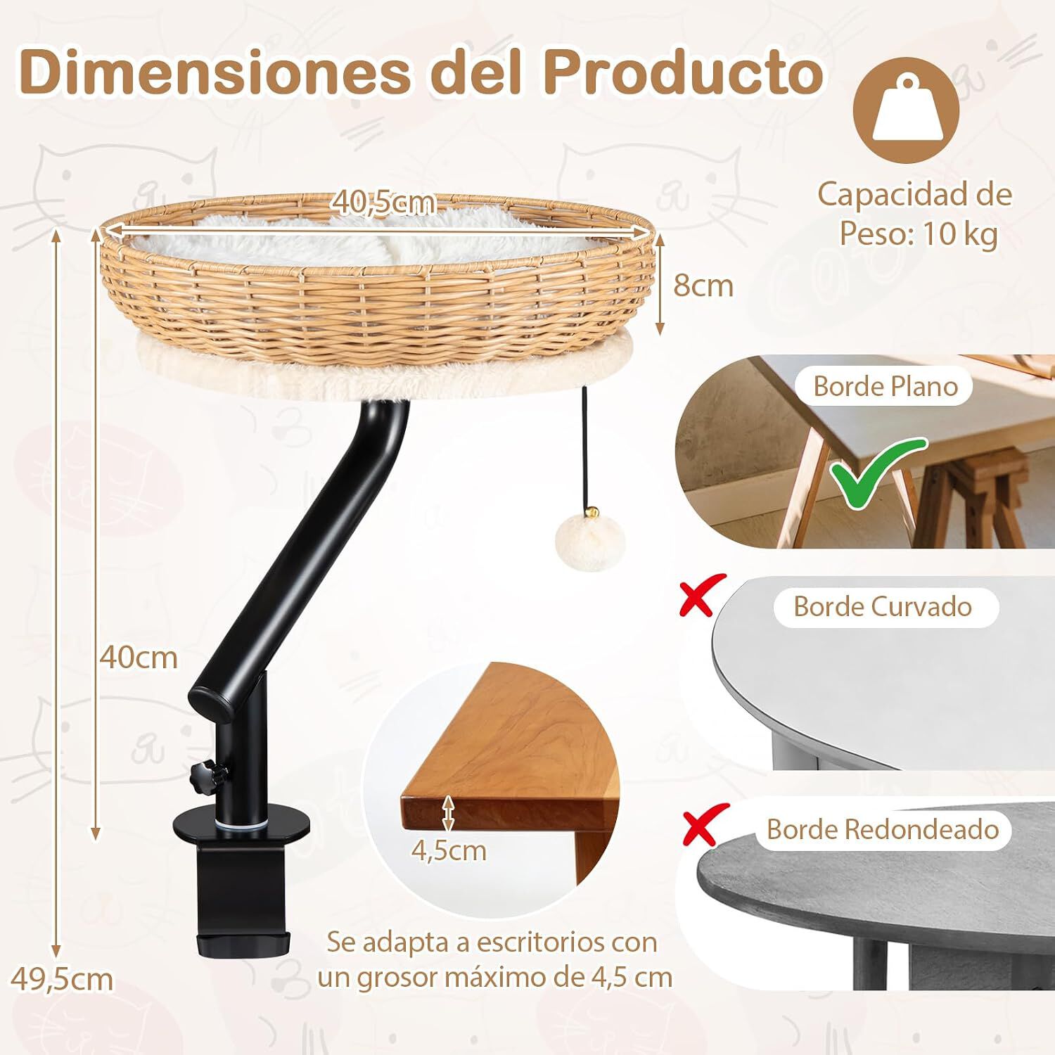 COSTWAY Cama Gato para Escritorio, Hamaca para Gatos Giratoria de 360&deg; de Rat&aacute;n con Coj&iacute;n Extra&iacute;ble y Bola Colgante, Cama para Gatos, Nido Suave para Mascotas para Oficina, Hogar, sin Taladrar, , large Imagen numero 5