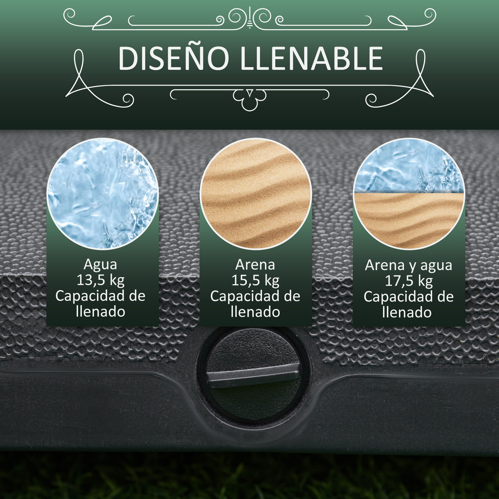 Outsunny Base de Sombrilla con 4 Ruedas Bloqueables Soporte de Parasol Rellenable de Arena 18 kg o Agua 16 kg para Jard&iacute;n Patio Terraza 45x45x39 cm Negro, , large Imagen numero 5