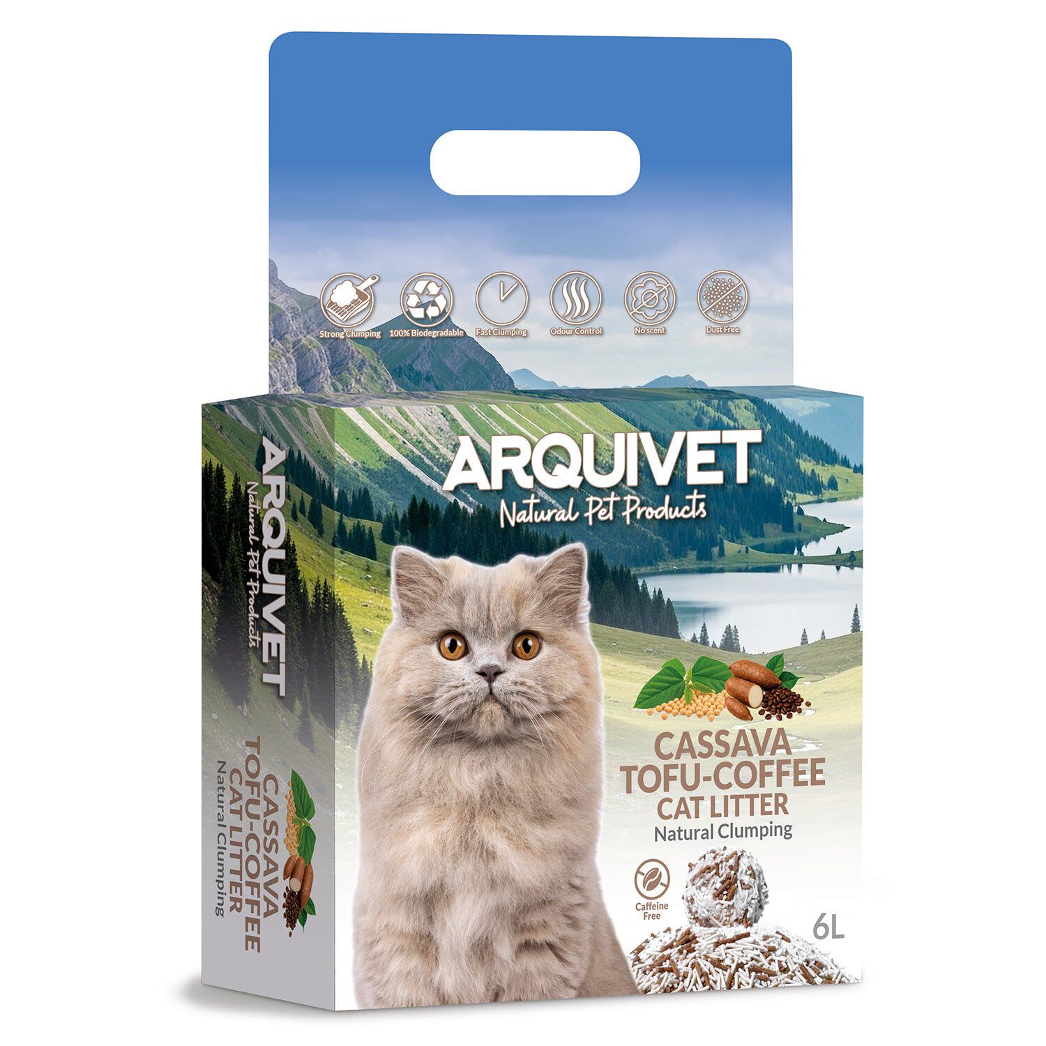 Lecho de Cassava + Tofu + Caf&eacute; para gatos - 6L (Pack de 4) - Arquivet - Arena aglomerante de Cassava + Tofu + Caf&eacute;, , large Imagen numero 2