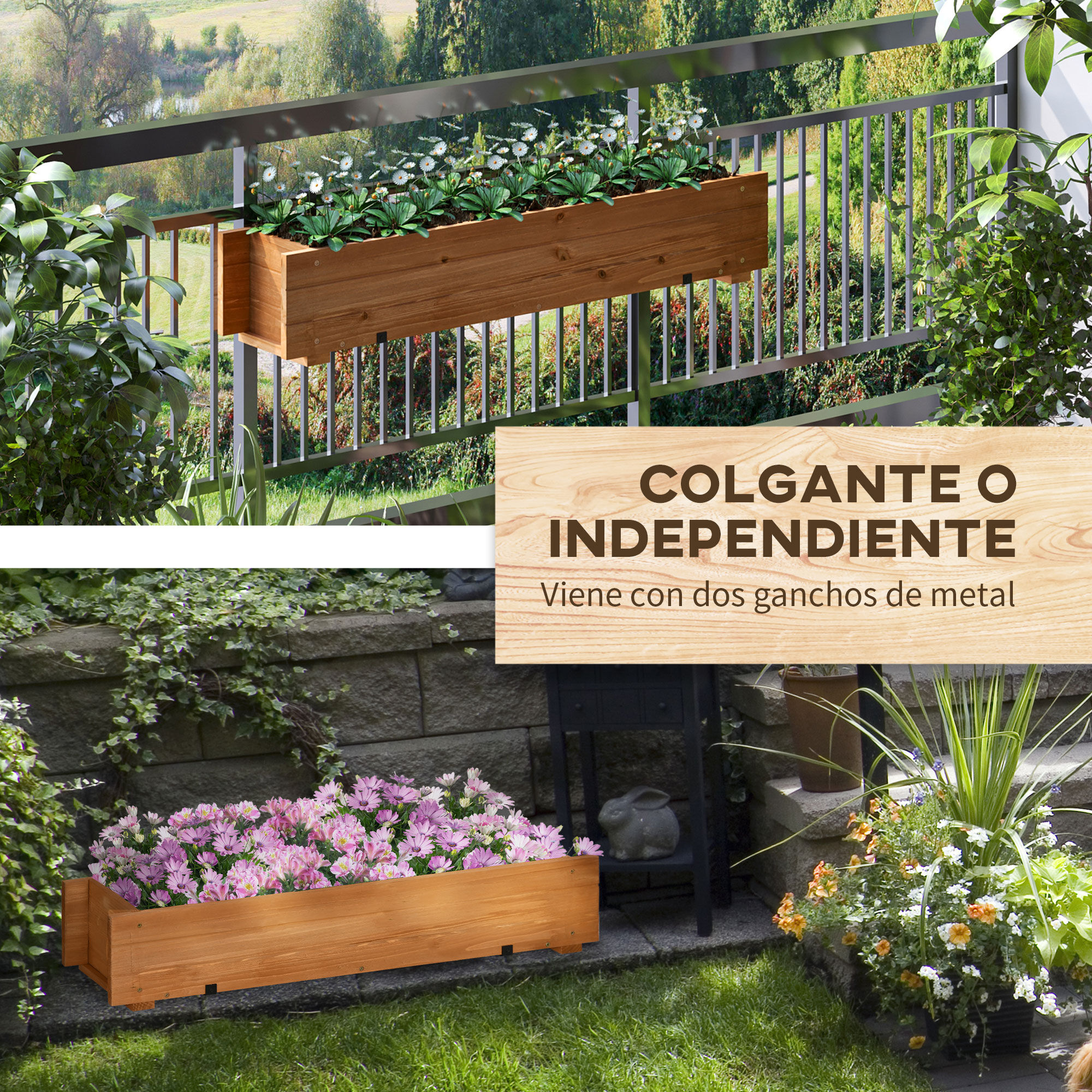 Outsunny Arriate de Madera de Suelo o Pared Jardinera Rectangular Huerto Urbano con 2 Orificios de Drenaje y 2 Ganchos para Cultivos Plantas Flores en Jard&iacute;n Terraza 91x18x16,5 cm Natural, , large Imagen numero 4