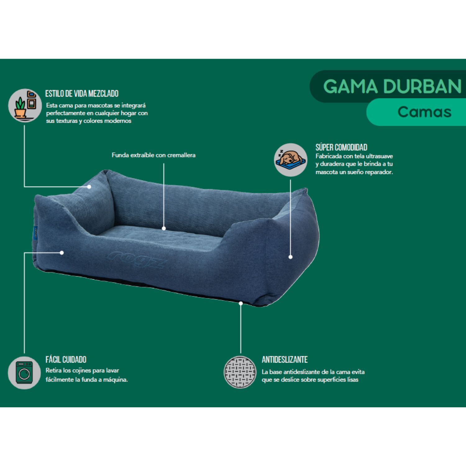 Cama para perro Rogz Durban 56x35x22cm Denim Gris Talla S (8-14kg), , large Imagen numero 2