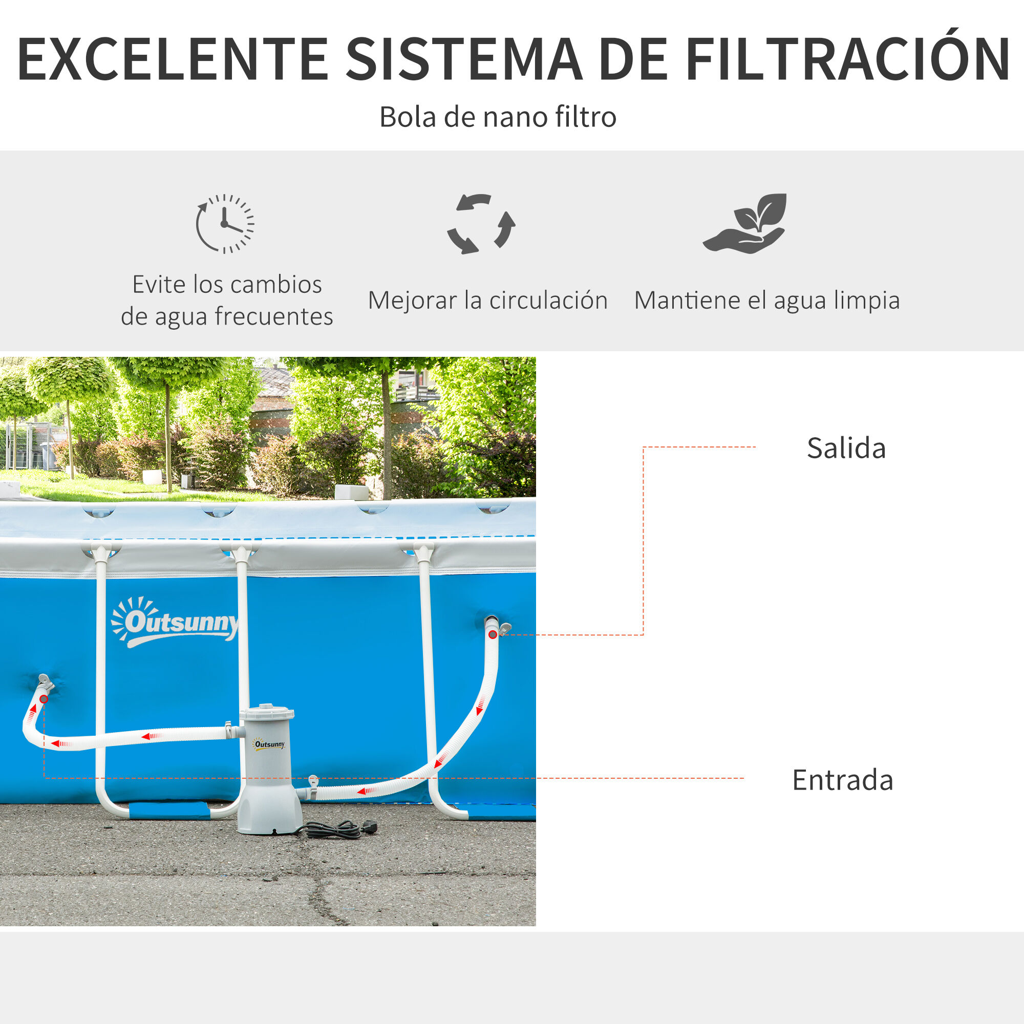 Outsunny Piscina Desmontable Tubular 340x215x80 cm Piscina Rectangular de Exterior con Depuradora de Cartucho 4.000 L/H Mangueras Longitud 100 cm y Marco de Acero 4200 L Azul, , large Imagen numero 4