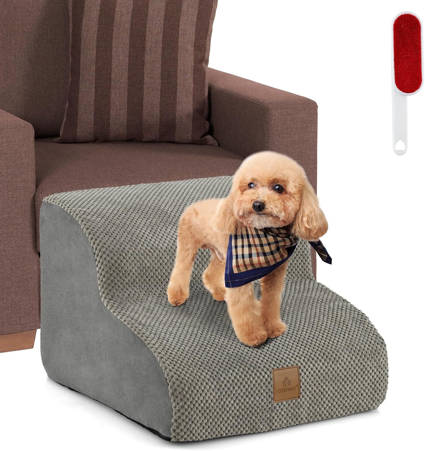 COSTWAY Escalera para Perros, Escalera para Mascotas de 2 Niveles (Gris), con Funda Lavable, Base Antideslizante, Pasos para Perros en Pendiente para Sof&aacute;, Cama o Sof&aacute;, Escalera Suave para Mascotas, , large Imagen numero 2