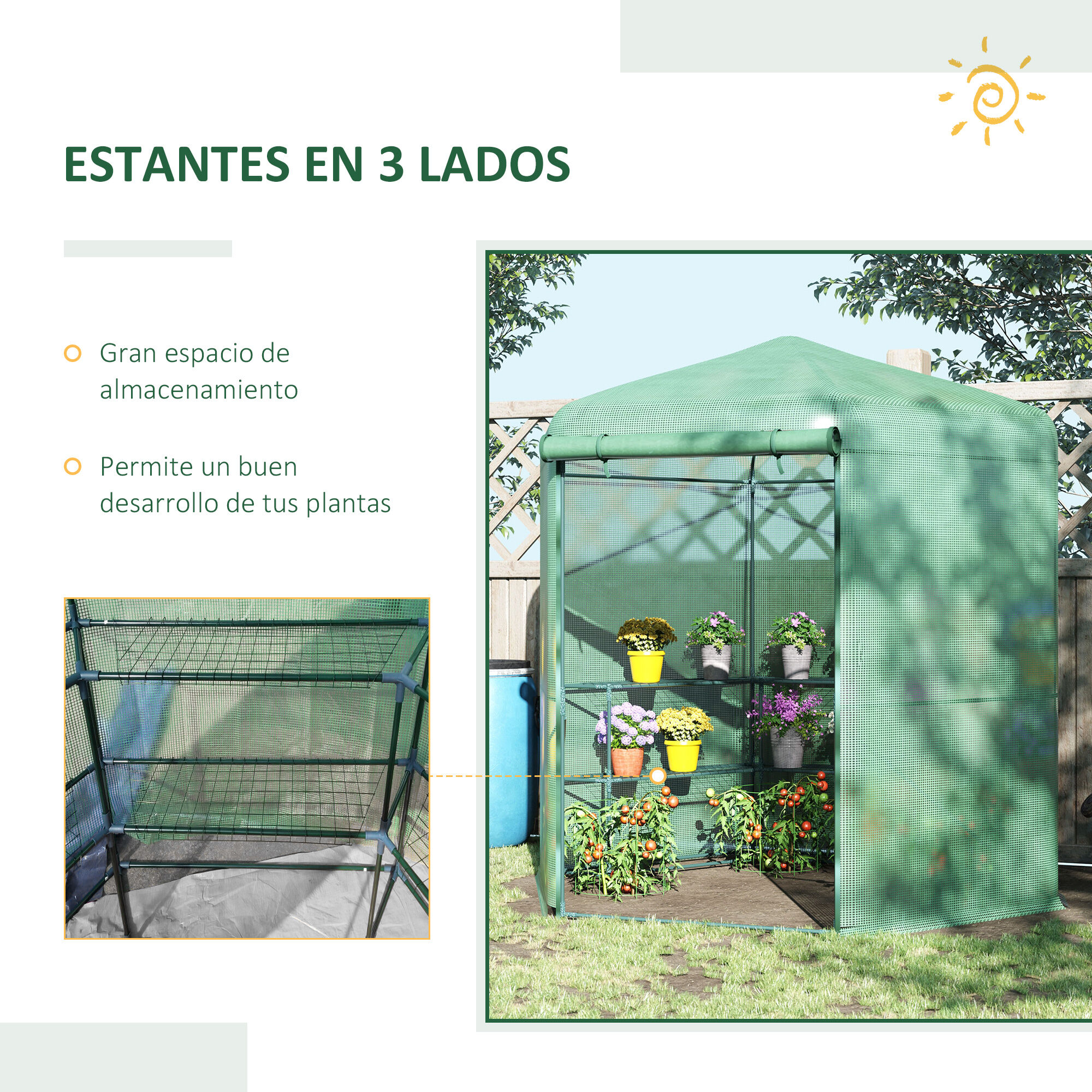 Outsunny Invernadero de Jard&iacute;n Hex&aacute;gono 194x194x215 cm Vivero Casero con 6 Estantes Puerta Enrollable y Marco de Acero Galvanizado para Cultivos Plantas Macetas Flores Verde, , large Imagen numero 4
