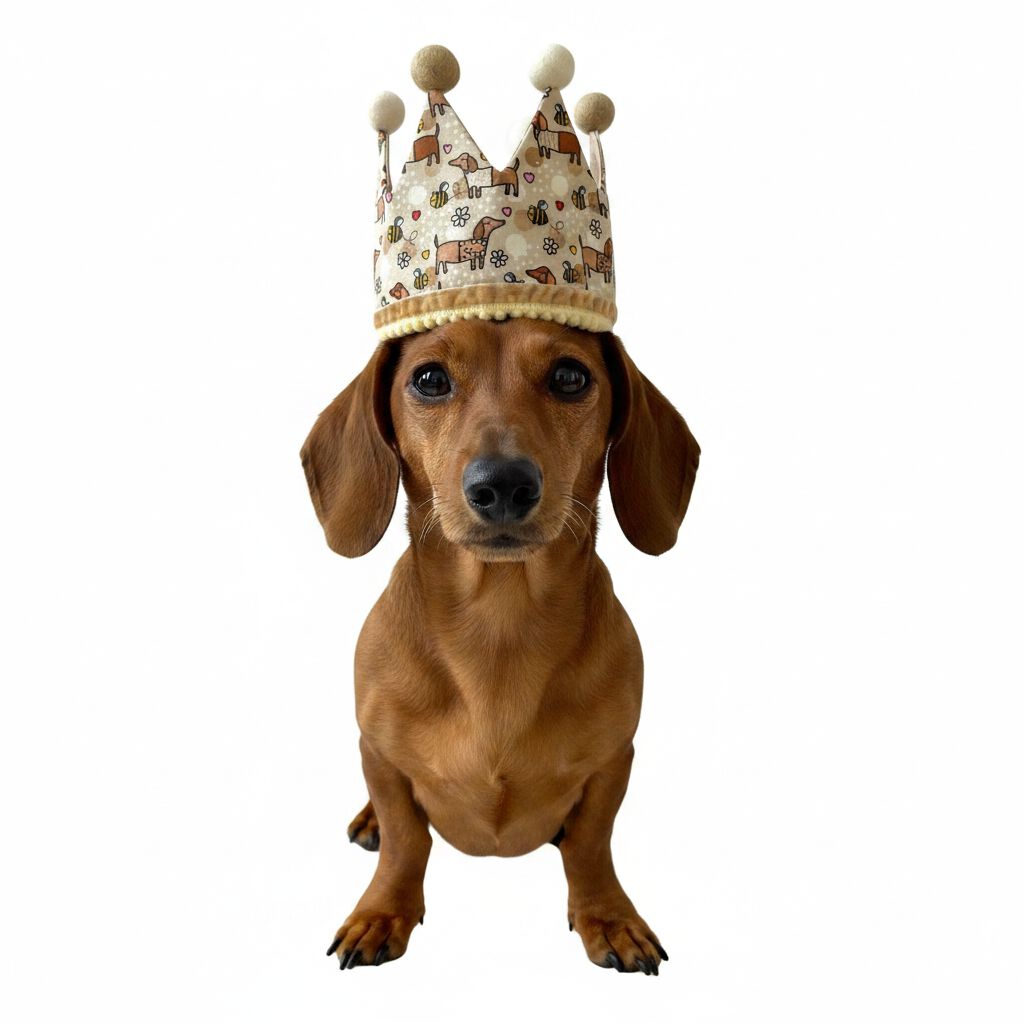 Gorro de cumplea&ntilde;os forma de corona -- Hecha a mano - Estampado de Perro Salchicha Feliz - Marr&oacute;n, , large Imagen numero 2