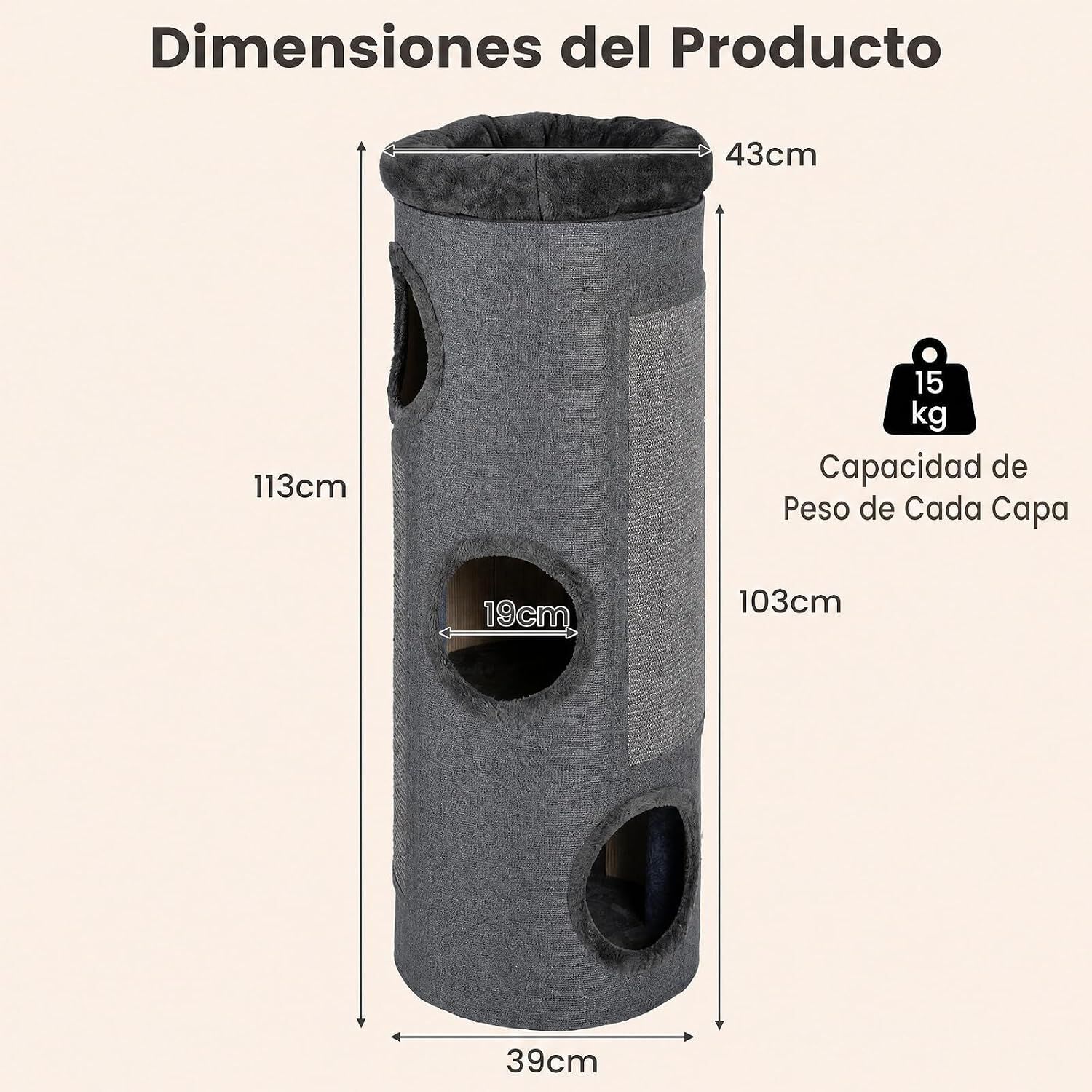 COSTWAY Barril Rascador de 4 Niveles, Poste rascador para Gatos con Cama de Percha Removible, Tablero Rascador de Sisal, Estera de Bamb&uacute; para Gato de Interior 43 x 43 x 113 cm, Gris Oscuro, , large Imagen numero 3