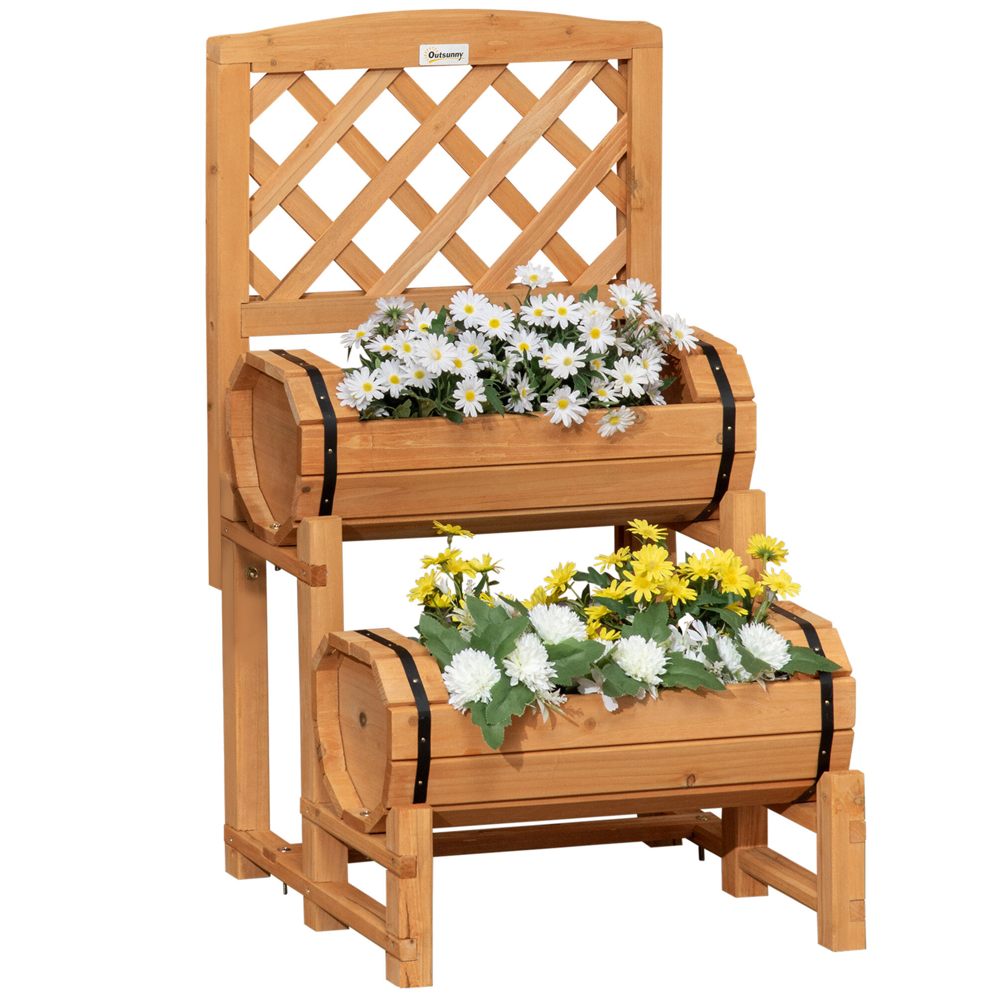 Outsunny Arriate de Jard&iacute;n con Enrejado Tipo Barril con 2 Macetas Macetero con Soporte para Trepadora Cultivos Plantas Flores para Patio Terraza Balc&oacute;n 45x45x80 cm Natural, , large Imagen numero 1