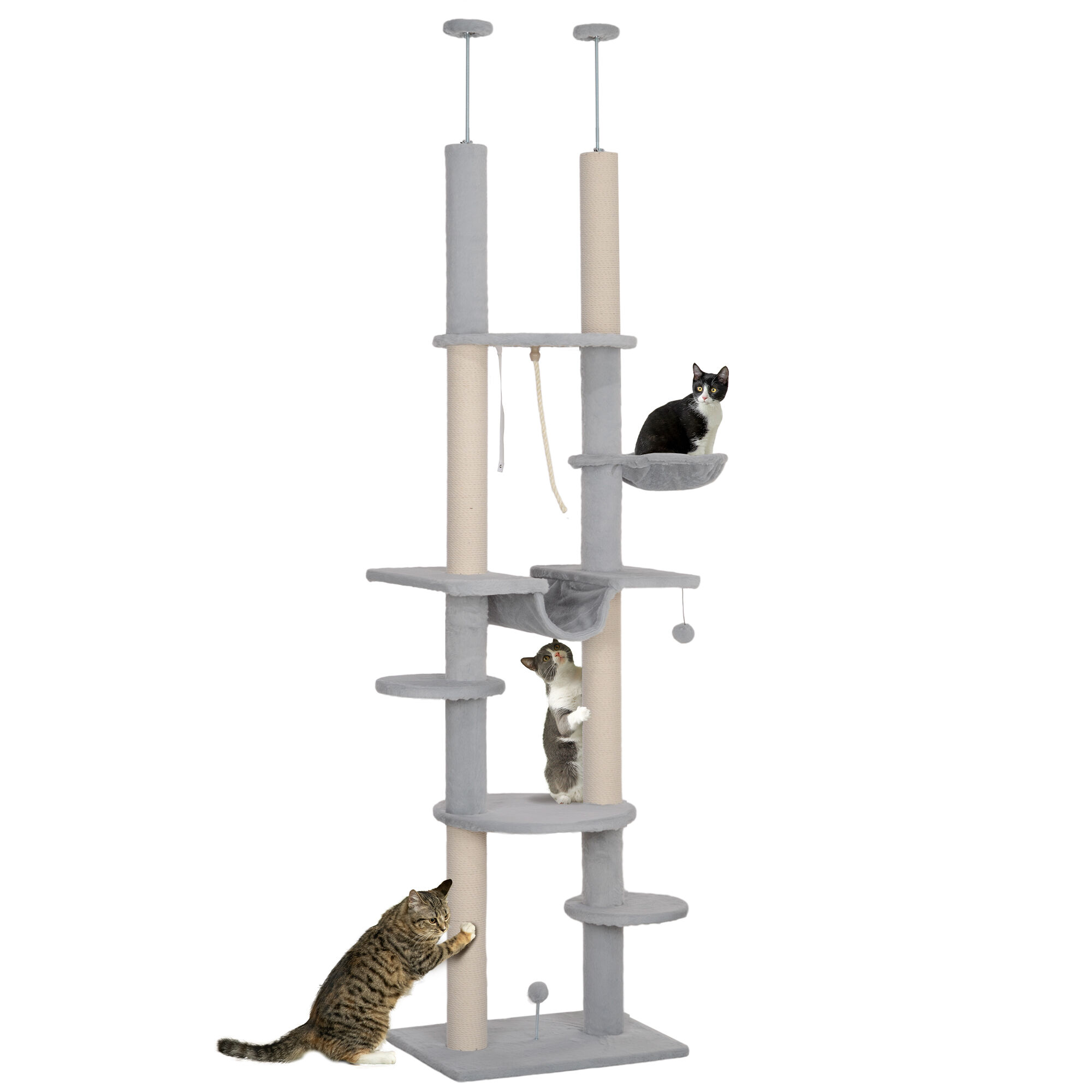 PawHut &Aacute;rbol para Gatos de Suelo a Techo 225-255 cm &Aacute;rbol Rascador para Gatos de 7 Niveles Torre para Gatos con Hamacas Plataformas Juguete de Cuerda Bola de Juguete Gris, , large Imagen numero 1