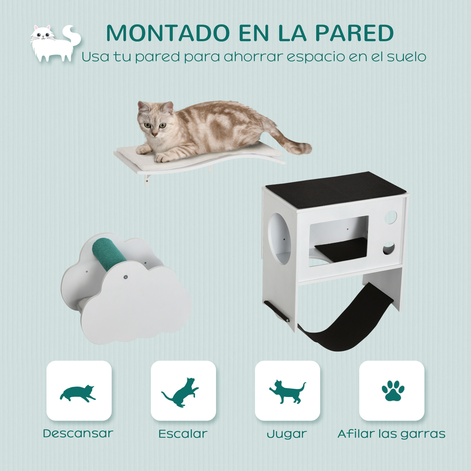 PawHut Estantes para Gatos de Pared de 3 Piezas Muebles de Pared para Gatos Centro de Actividades para Gatitos con Caseta Plataformas Hamaca Poste de Sisal y Cojines Suaves Blanco, , large Imagen numero 4