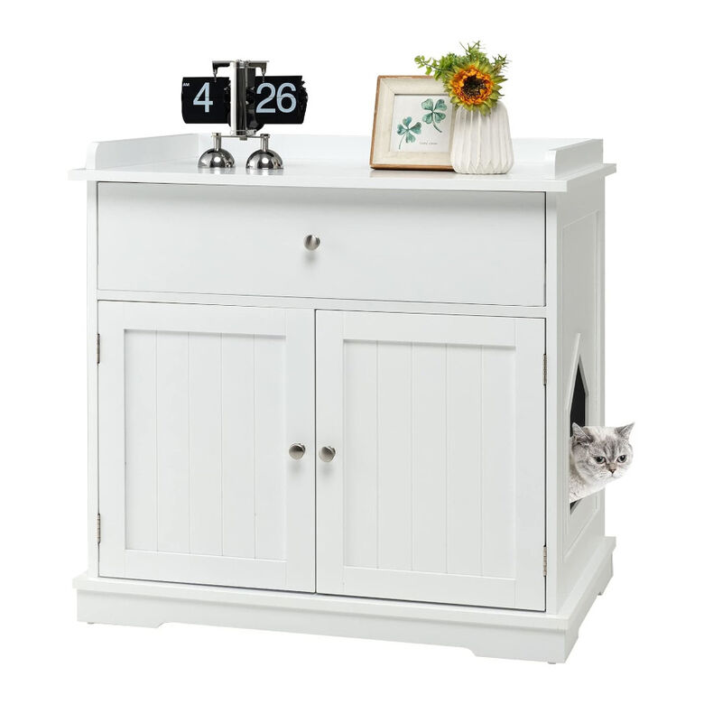 COSTWAY Mueble Cajón y 2 Puertas Blanco para Gatos thumbnail