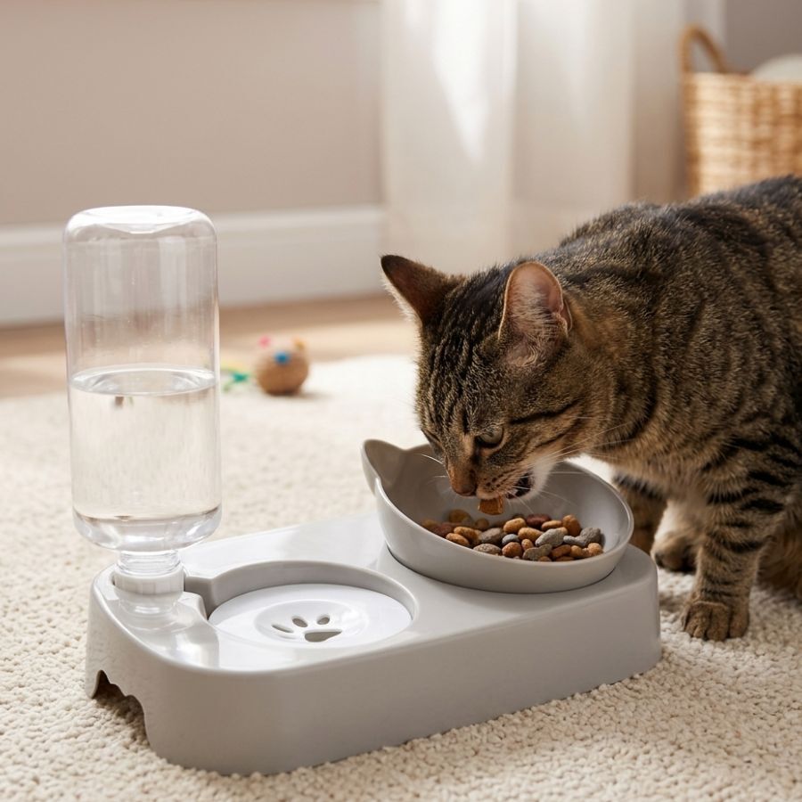 Leeby Comedero y Dispensador de Agua 2 en 1 Gris y Blanco para gatos, , large Imagen numero 1