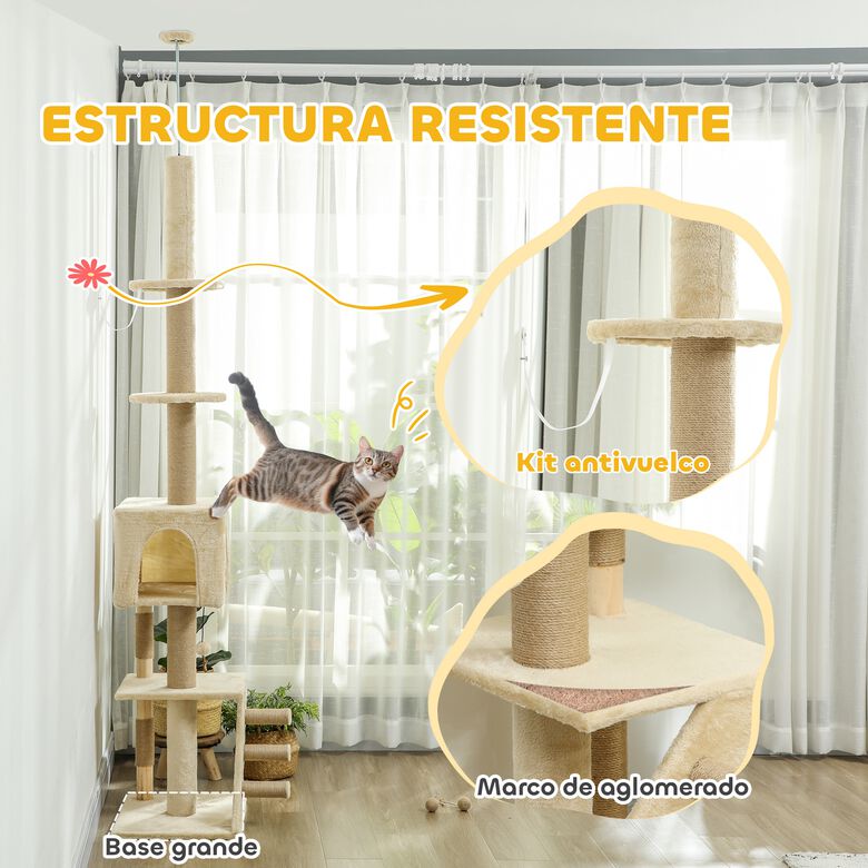 PawHut Árbol Rascador con Altura Ajustable Beige para gatos thumbnail