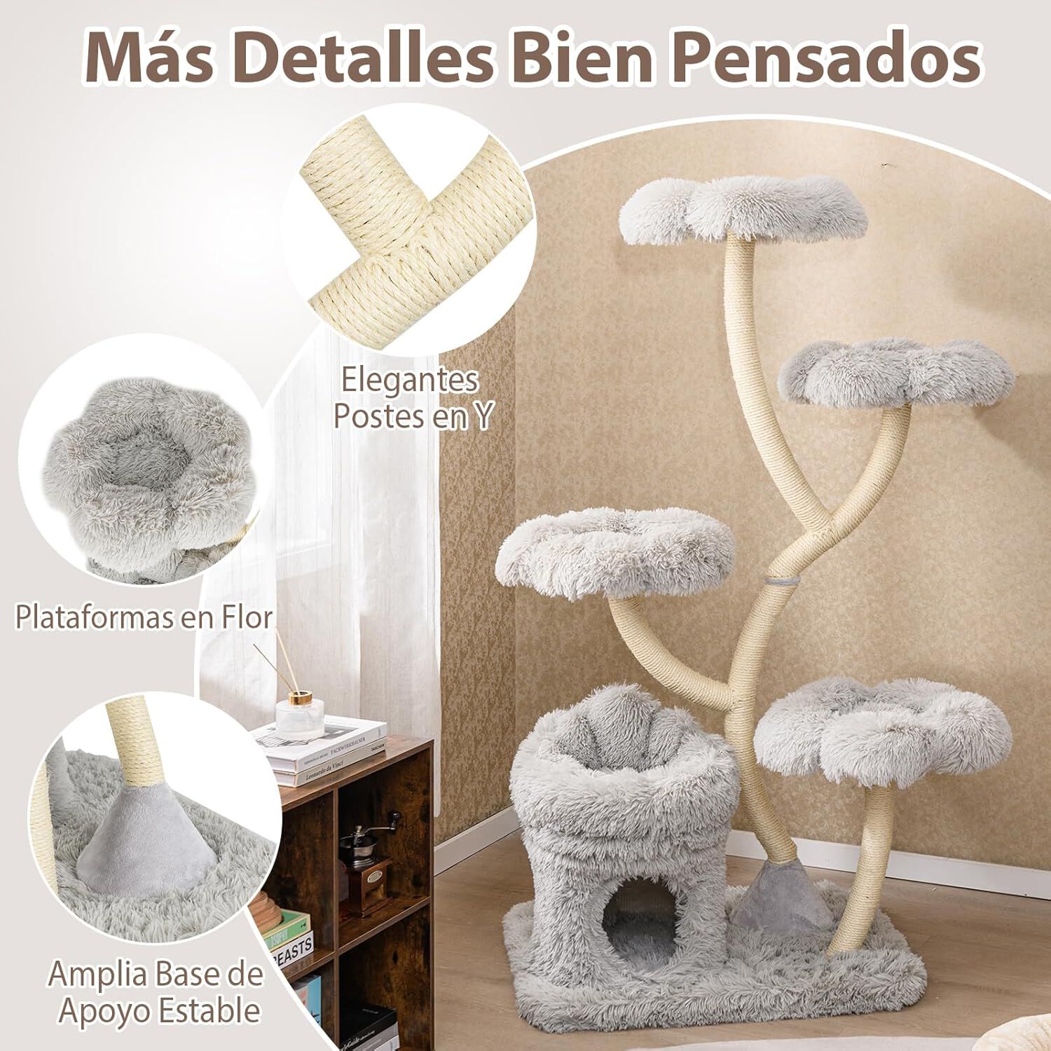 COSTWAY Árbol Rascador para Gatos, Árbol para Gatos Multinivel con 4 Plataformas en Forma de Flor, Postes de Rascado de Sisal, Condominio Privado, Mueble de Escalada para Gatos de Interior (Gris) thumbnail