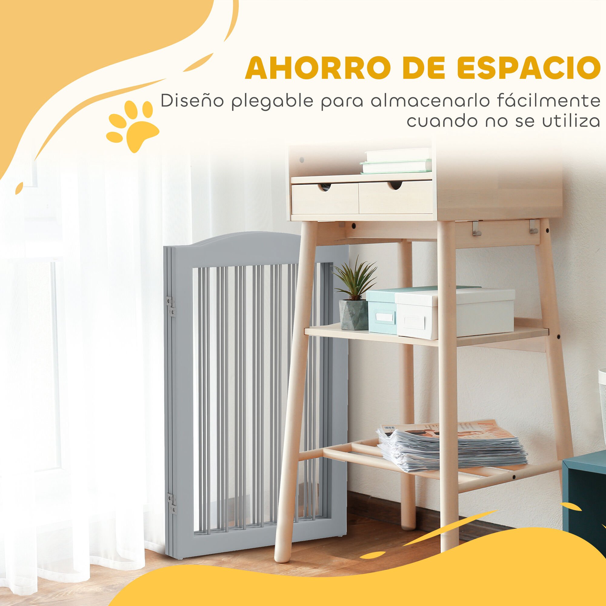 PawHut Barrera de Seguridad para Perros Plegable para Escaleras y Puertas Valla para Perros Pequeños y Medianos de 3 Paneles con Soporte de Pie para Interiores 154x30x80 cm Gris thumbnail