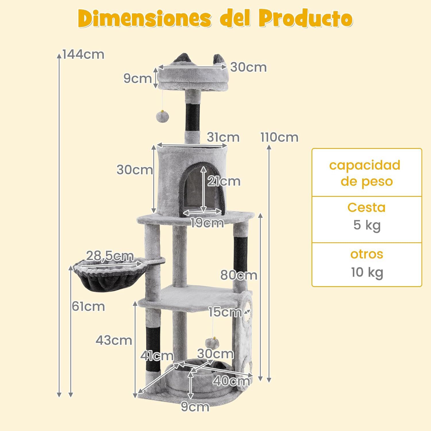 COSTWAY Rascador para Gatos de 144 cm, &Aacute;rbol Rascador para Gatos de 5 Niveles con 3 Postes de Sisal para Rascar y Tablero, Condominio, Plataformas, Hamaca, Cama, &Aacute;rbol de Actividades para Gatitos, , large Imagen numero 2