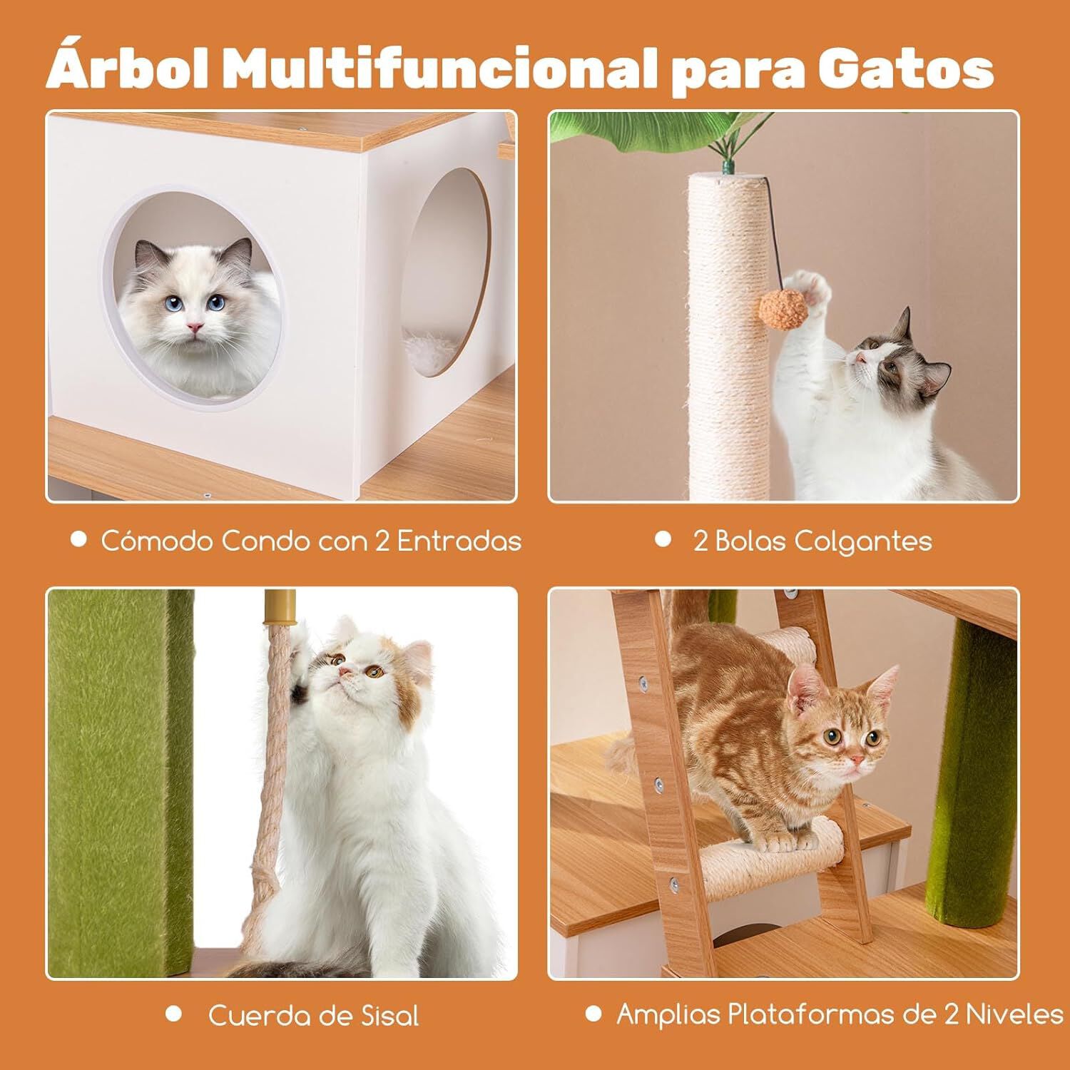 COSTWAY &Aacute;rbol para Gatos con Caja de Arena, 2 en 1 Rascador para Gatos Moderno, &Aacute;rbol de Actividades para Gatos con Escalera, Rascador, Cuerda de Sisal y Bolas Colgantes, Verde y Blanco y Natural, , large Imagen numero 5