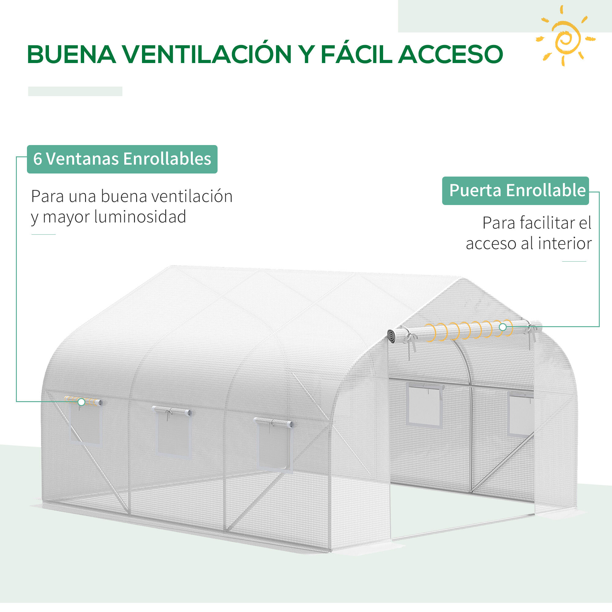 Outsunny Cubierta de Invernadero de T&uacute;nel 3,5x3x2 m Cubierta Repuesto Invernadero Polietileno con 6 Ventanas y Puerta Enrollable Protecci&oacute;n de Plantas para Jard&iacute;n Blanco, , large Imagen numero 5