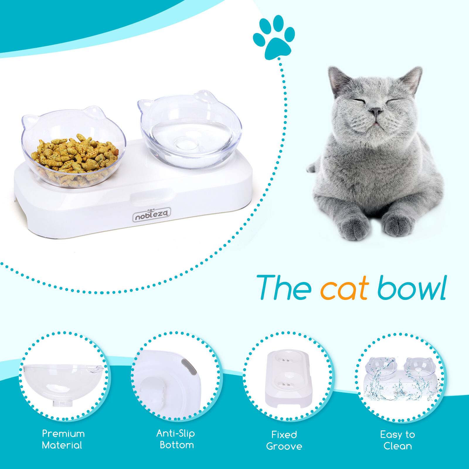 Nobleza - Comedero Gato con 0&deg;y 15&deg;&Aacute;ngulo Ajustable, Cuenco con Soporte Elevado, Comedero Doble Transparente para Perro y Gato, Base de Silicona Antideslizante Comedero para Gatos ( 2 Tazones), , large Imagen numero 2