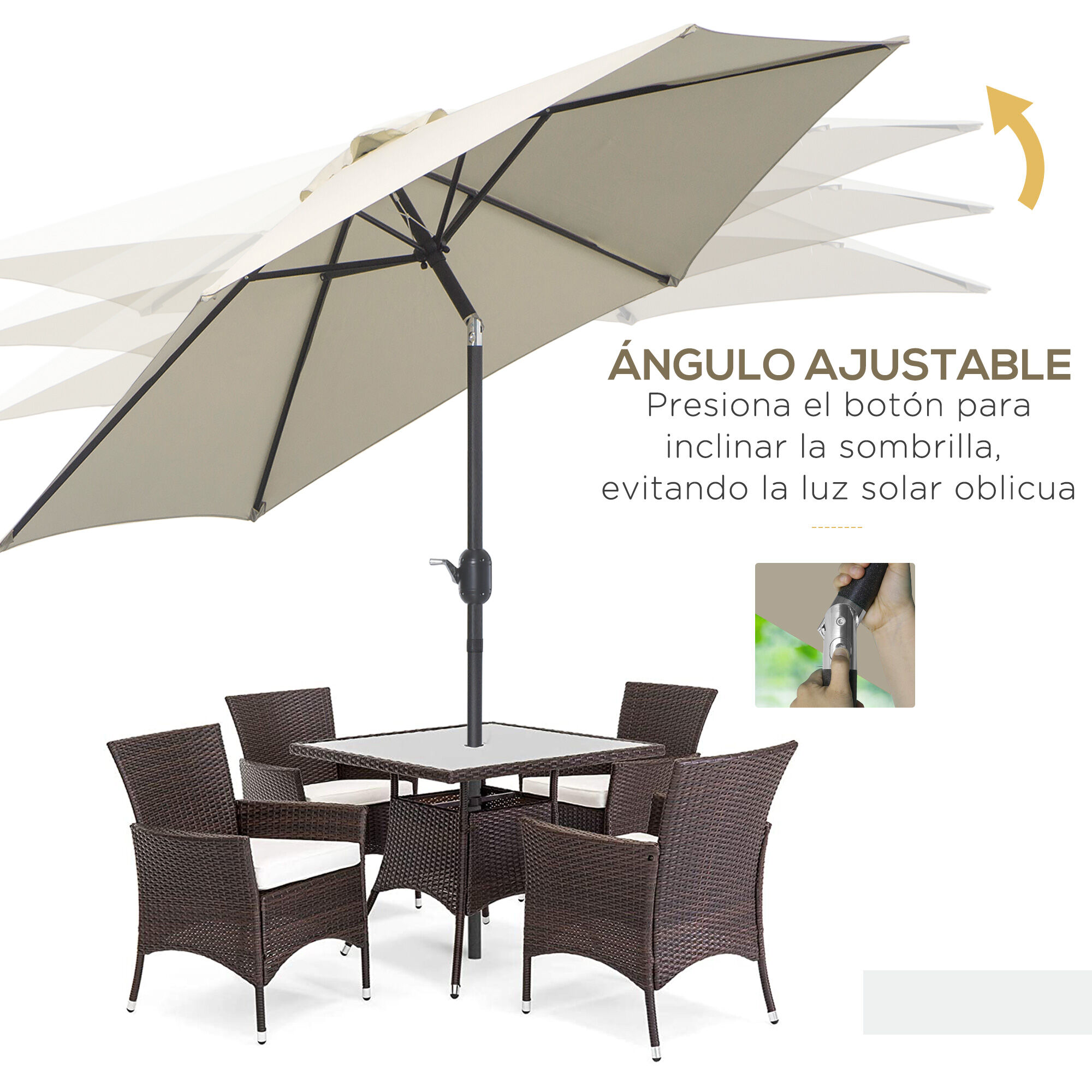 Outsunny Sombrilla para Jard&iacute;n &Oslash;260x235 cm Parasol de Aluminio con Reclinable con Manivela y 6 Varillas para Terraza Exterior Balc&oacute;n Crema, , large Imagen numero 5