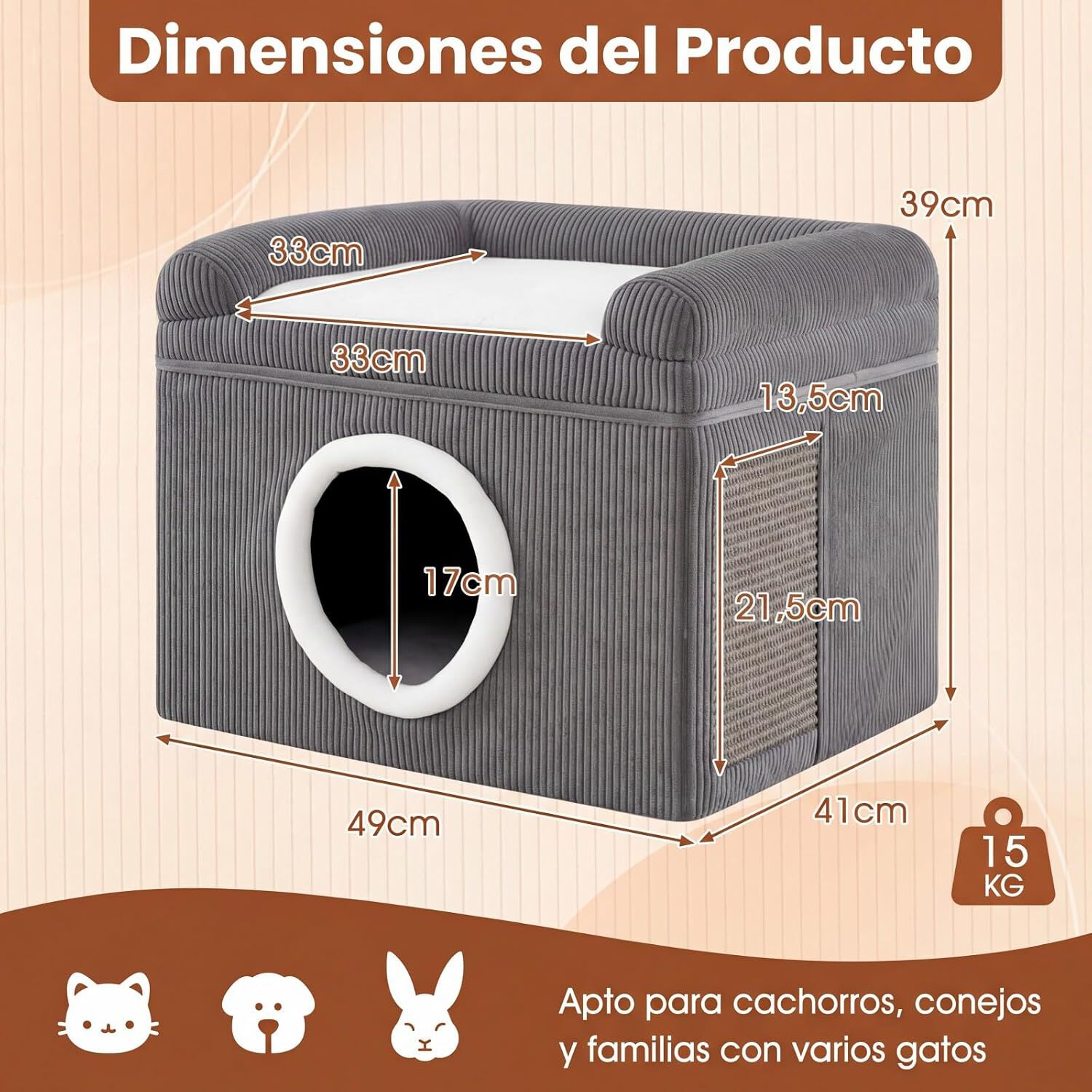 COSTWAY Camas para Gatos de Interior, Gran Cueva para Gatos con Acogedor Condominio, Alfombrilla Rascadora de Sisal, Coj&iacute;n Suave, Base Antideslizante, Casa Plegable Mascotas, Carga 15 kg (Gris), , large Imagen numero 5