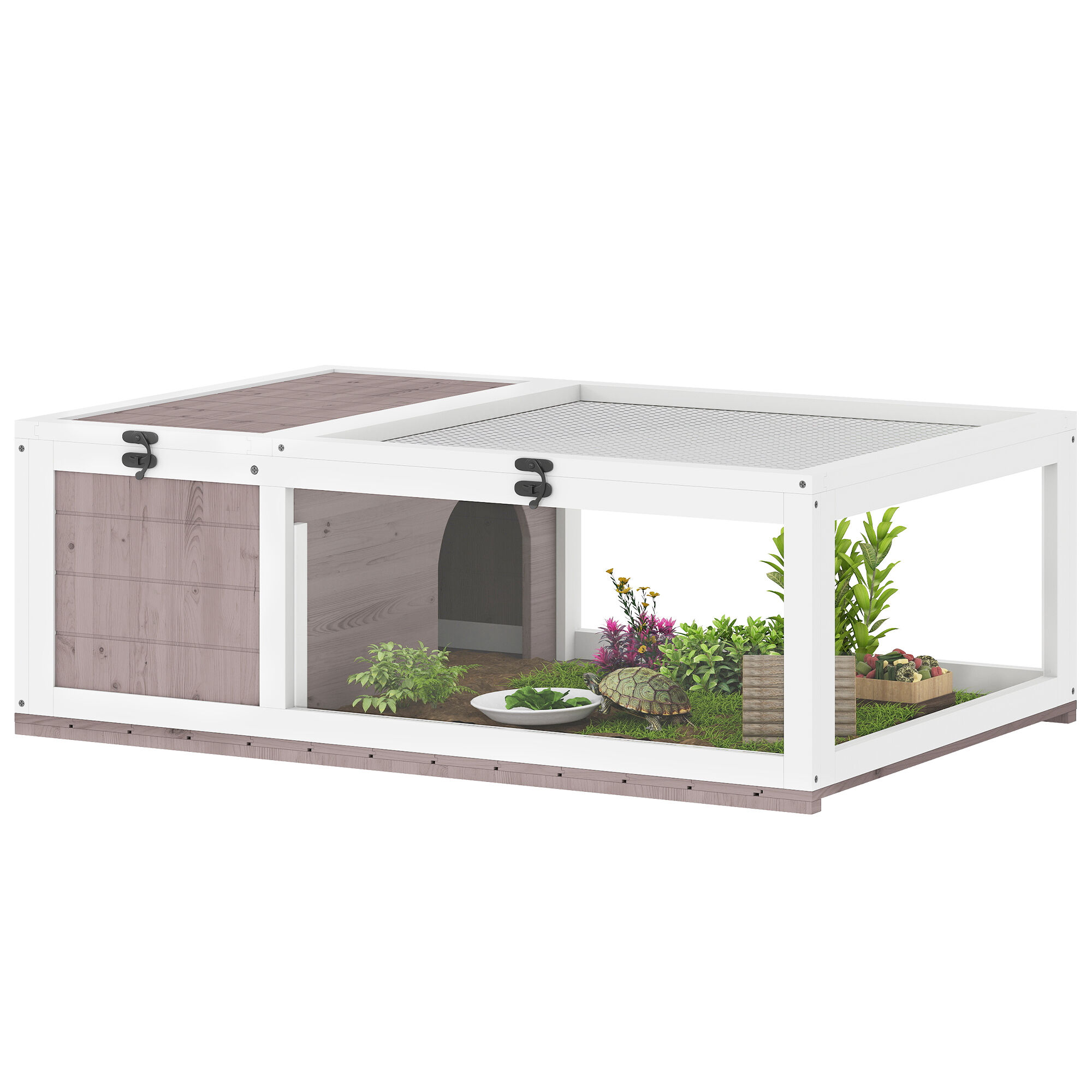 PawHut Casa para Tortugas de Madera, Terrario para Reptiles con Techo de Malla, Paneles Laterales Transparentes Extra&iacute;bles y Pestillo de Seguridad, Caseta para Tortugas, 91x60,5x32 cm, Marr&oacute;n Gris&aacute;ceo, , large Imagen numero 1