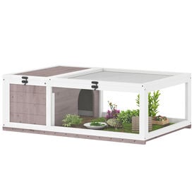 PawHut Casa para Tortugas de Madera, Terrario para Reptiles con Techo de Malla, Paneles Laterales Transparentes Extraíbles y Pestillo de Seguridad, Caseta para Tortugas, 91x60,5x32 cm, Marrón Grisáceo