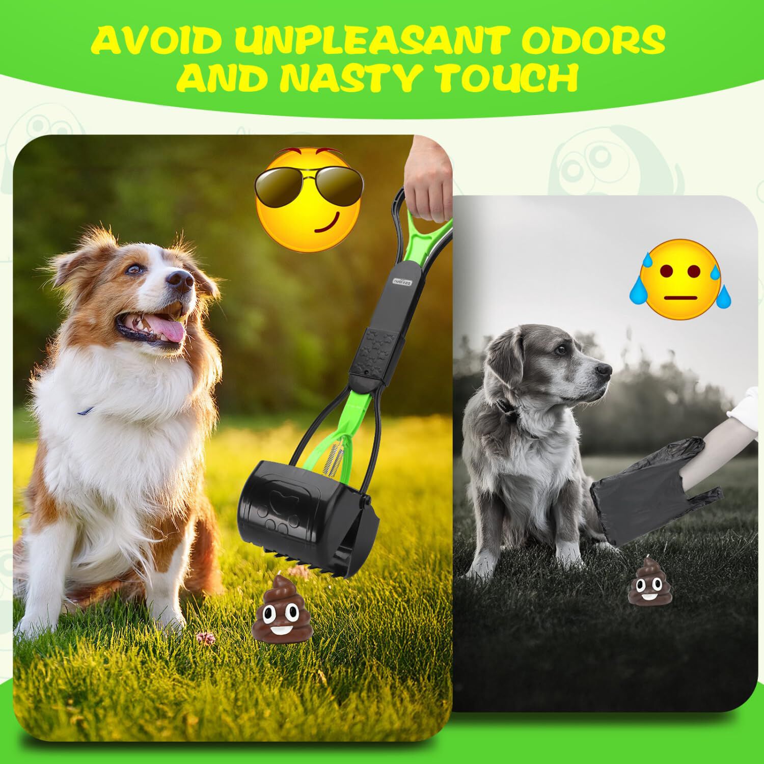 Nobleza Recogedor de Caca de Perros, 60cm Recoge Cacas de perro Port&aacute;til Plegable, Dog Poop Scooper con 1 Rollo de Bolsas para Excrementos y 1 Dispensador, Mango Largo, S&oacute;lido Dentado, , large Imagen numero 2