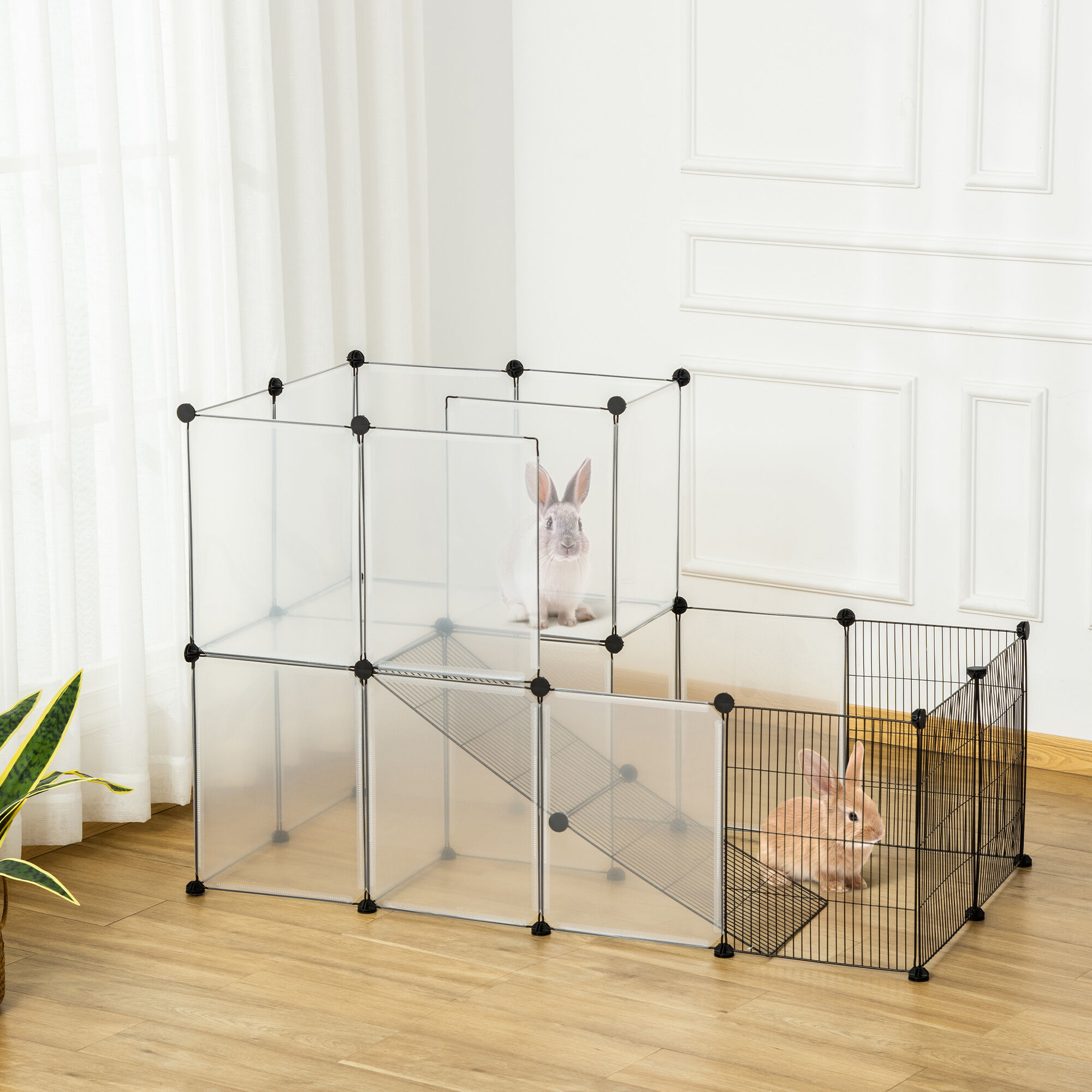PawHut Jaula para Animales Peque&ntilde;os Parque para Mascotas con 27 Paneles y Forma Personalizable para Cobayas Conejos Chinchillas 140x70x90 cm Transparente, , large Imagen numero 2