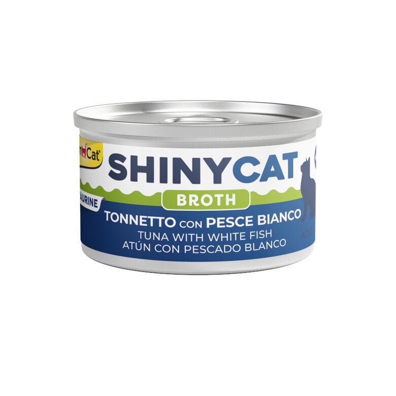70 g GimCat Shiny Cat Atún y Pescado blanco en caldo lata para gatos