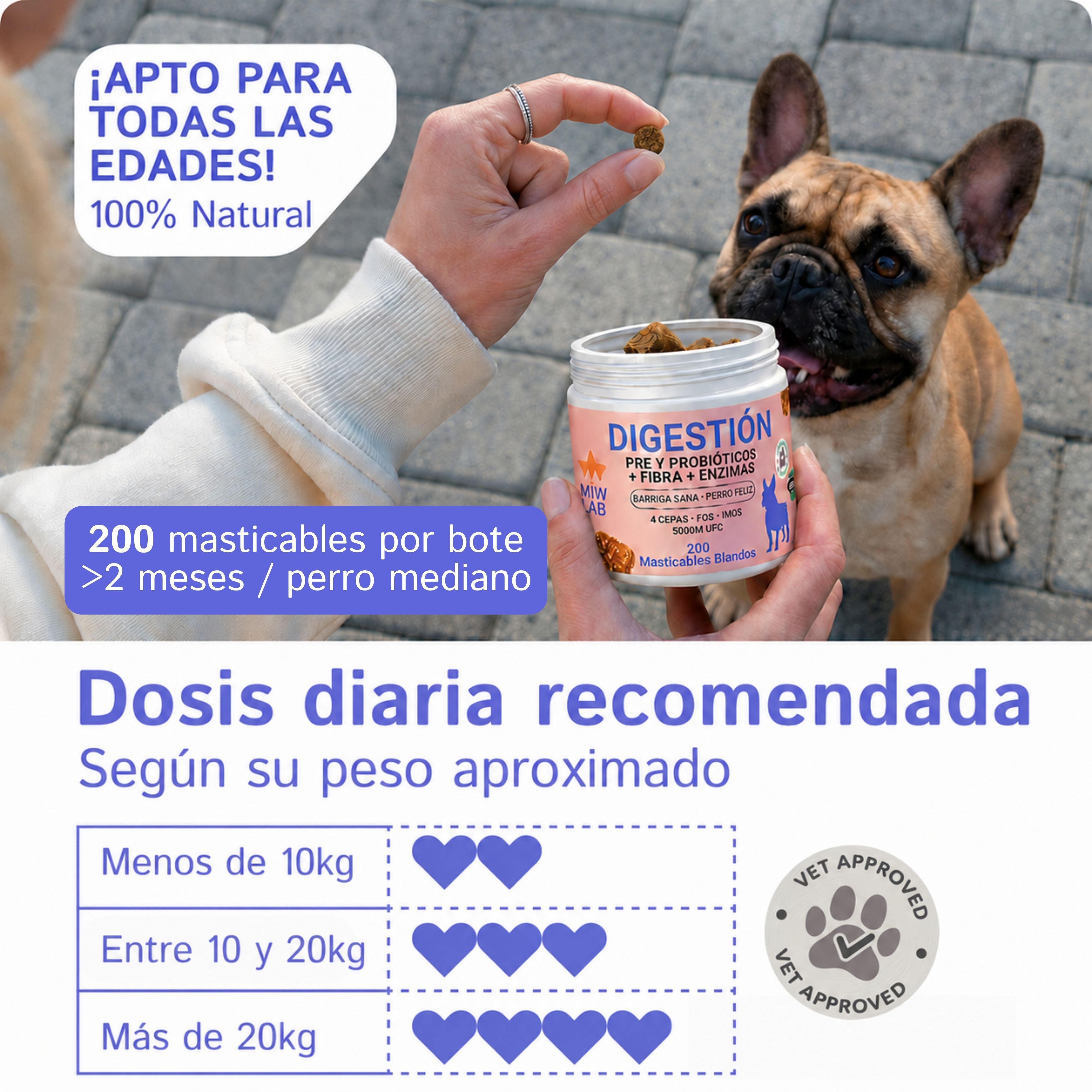 Digesti&oacute;n Pre + Probi&oacute;ticos Perros, 200 Uds, 100% Natural con 5 Billones UFC Enzimas y Fibra Suplemento Perro Hecho en Espa&ntilde;a Combate Diarrea V&oacute;mitos Gases para Flora Intestinal Salud Digestiva Pollo, , large Imagen numero 4