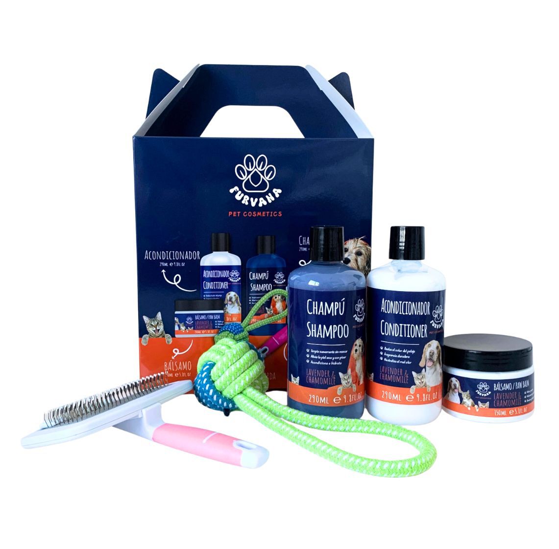 FURVANA Set de Regalo Cepillo + Juguete Mordedor para Perro (Champ&uacute; 290 ml + Acondicionador 290 ml + B&aacute;lsamo Almohadillas 150 ml + Cepillo + Juguete), , large Imagen numero 1