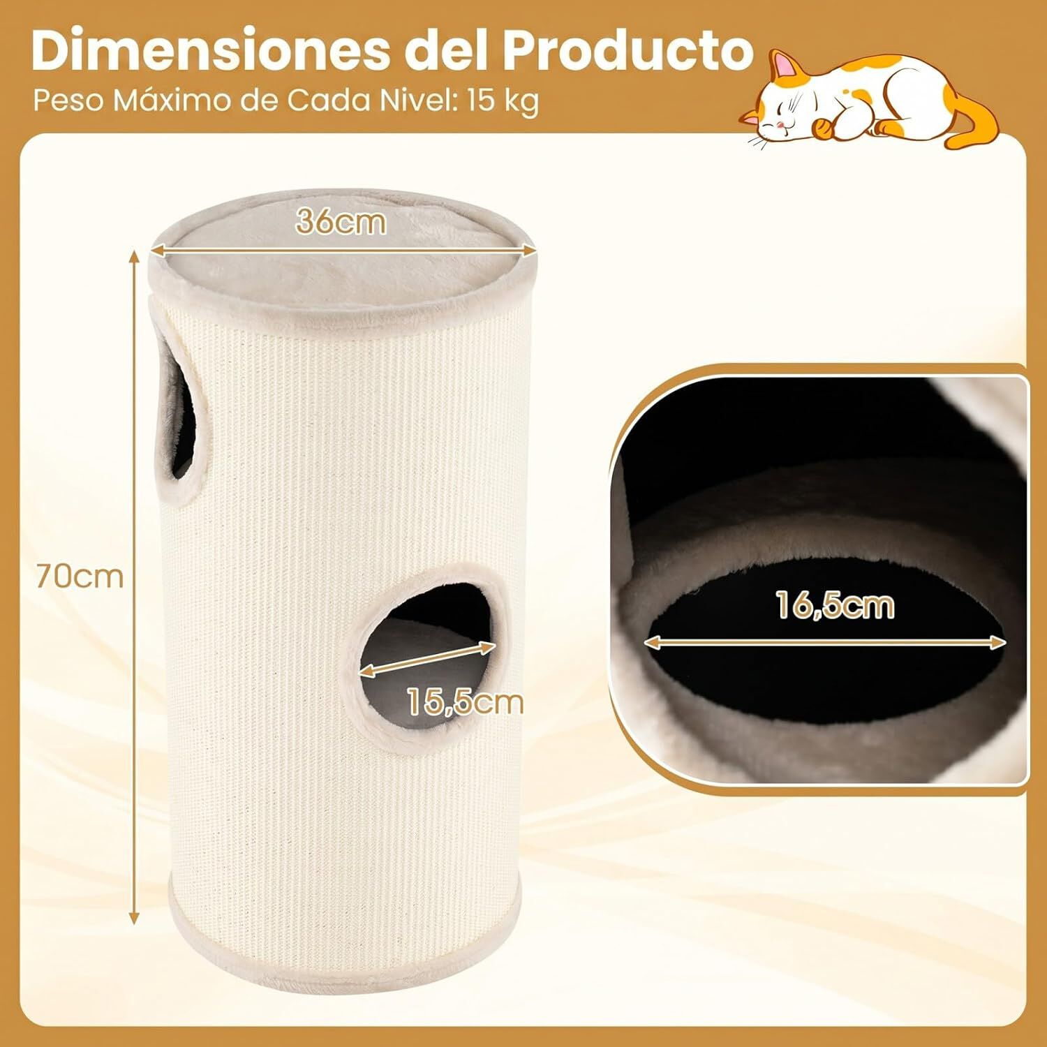 COSTWAY 70 cm Barril Rascador para Gatos de 4 Niveles, Torre Gato Rascador con Almohadilla para Rascar de Sisal, Cama Acolchada, Condominio para Gato Forma Barril, Beige, , large Imagen numero 3