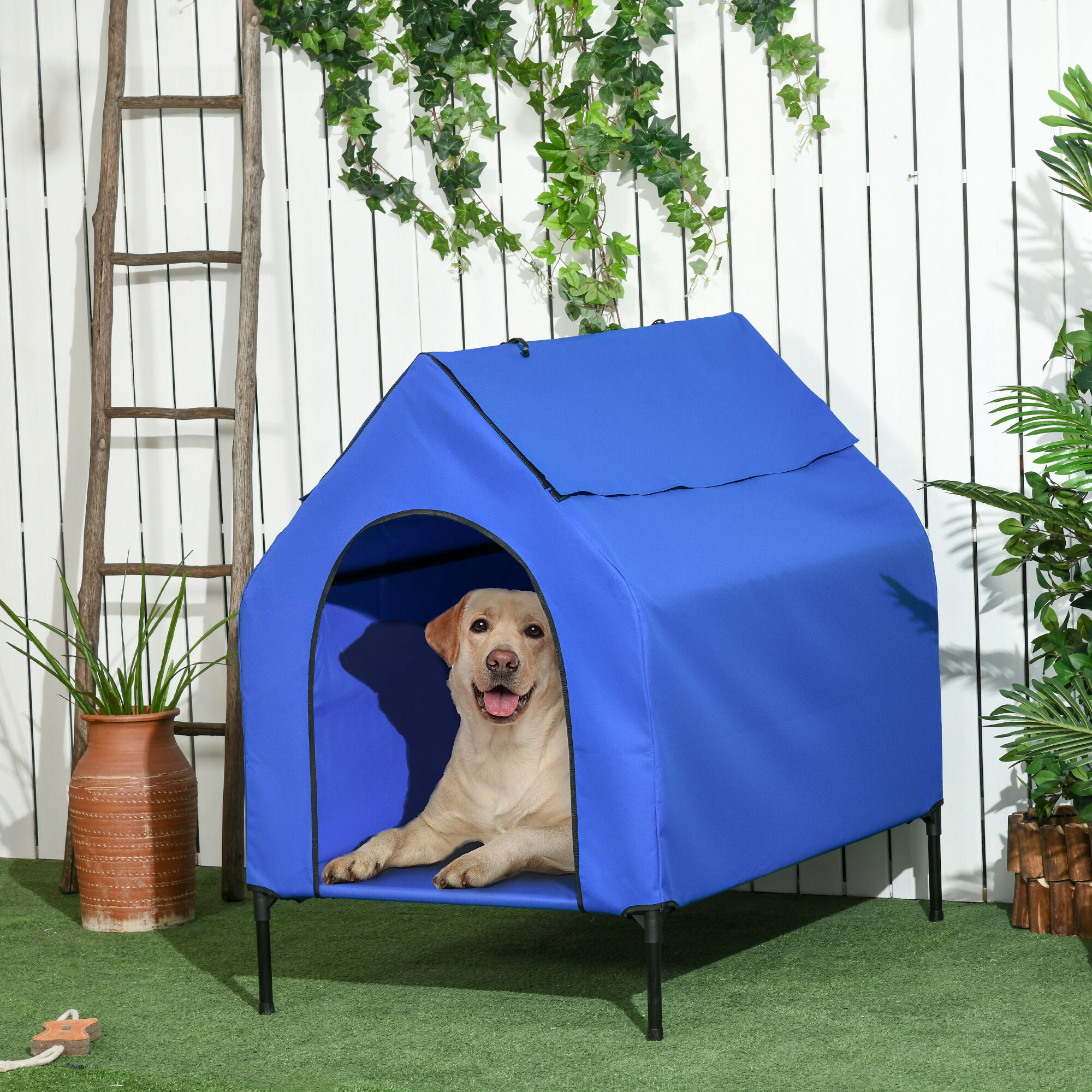 PawHut Caseta para Perros 130x85x121 cm Cama Elevada para Mascotas con Cubierta Desmontable y Ventanas de Malla para Perros Grandes y Extra Grandes Azul., , large Imagen numero 6