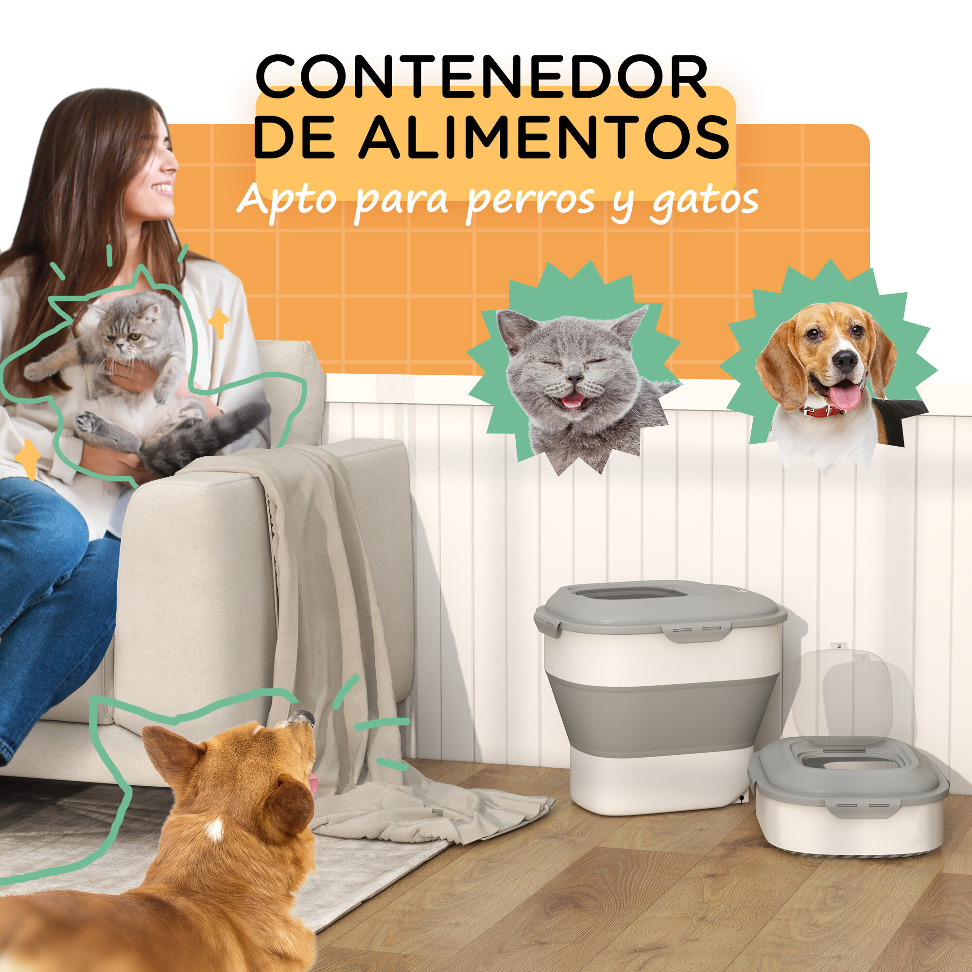 PawHut Contenedor de Comida para Perros Plegable 25L Contenedor de Pienso con Ruedas Taza Medidora Cuenco Plegable y Cuchara Contenedor de Comida para Mascotas Gatos Gris, , large Imagen numero 4