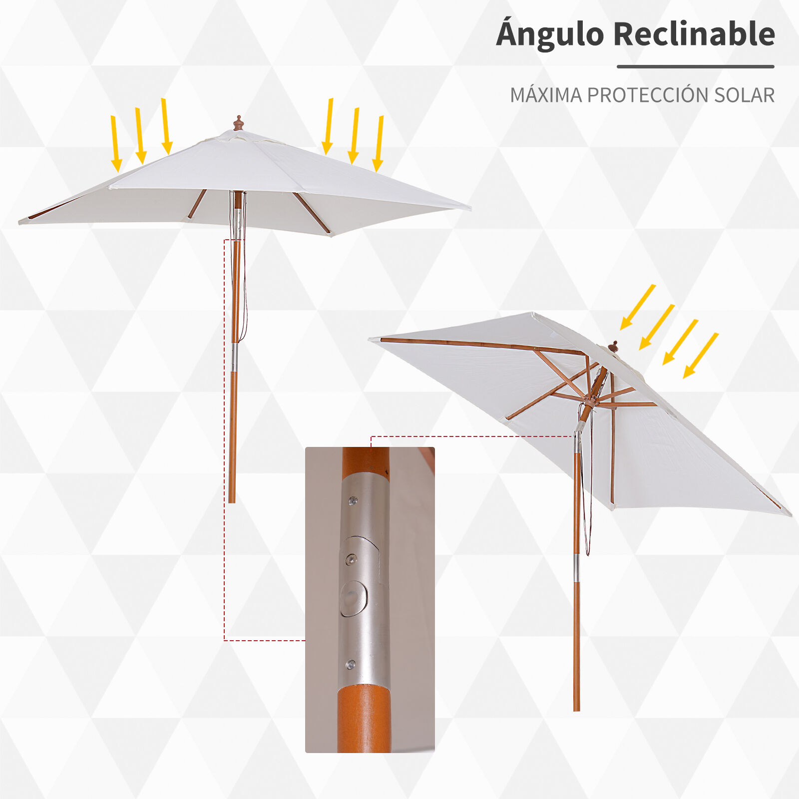 Outsunny Sombrilla de Jard&iacute;n 200x150x235 cm Parasol de Terraza Rectangular Inclinable con Anti-UV Impermeable y Poste de Madera para Playa Patio Crema, , large Imagen numero 4