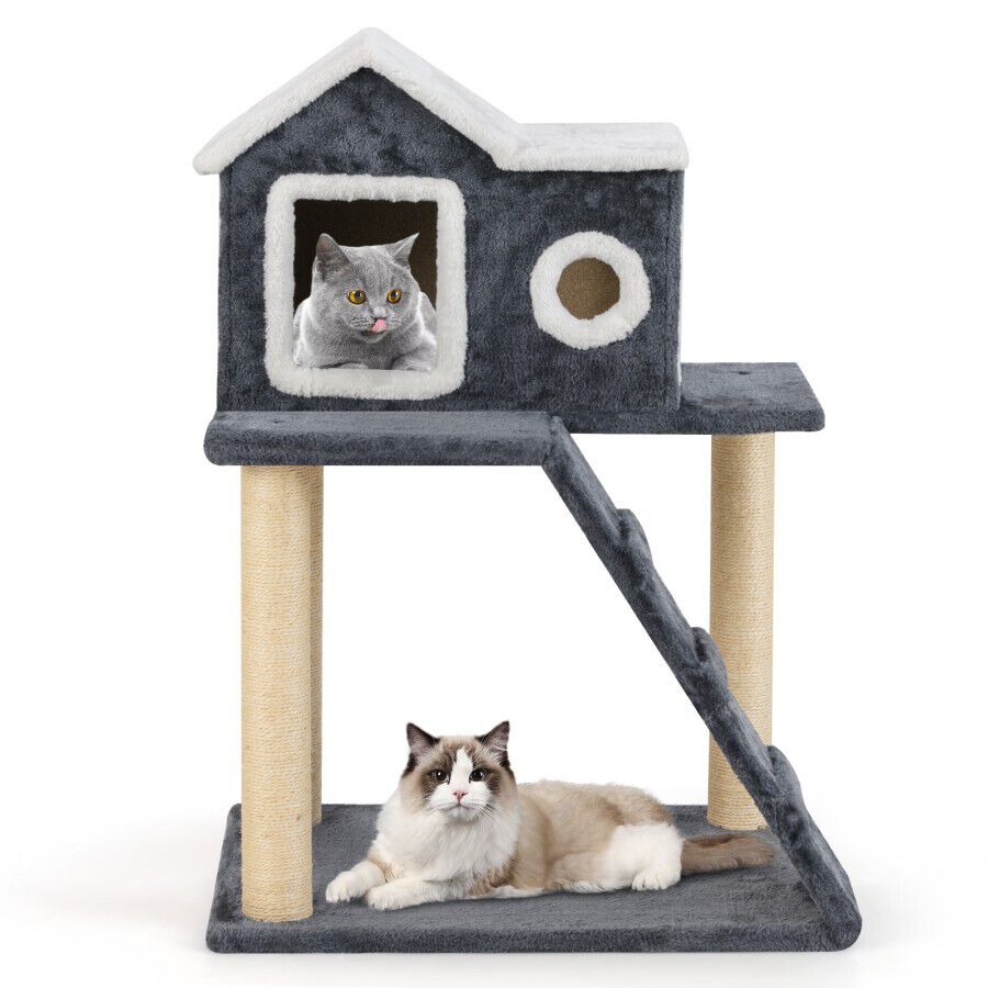 COSTWAY &Aacute;rbol para Gatos Moderno de 90 cm, Muebles para Gatos de 3 Niveles con Techo Abrible, Postes de Rascado de Sisal, Escalera, Dispositivo Antivuelco, Torre para Gatos&nbsp;en Interiores, Gris, , large Imagen numero 2