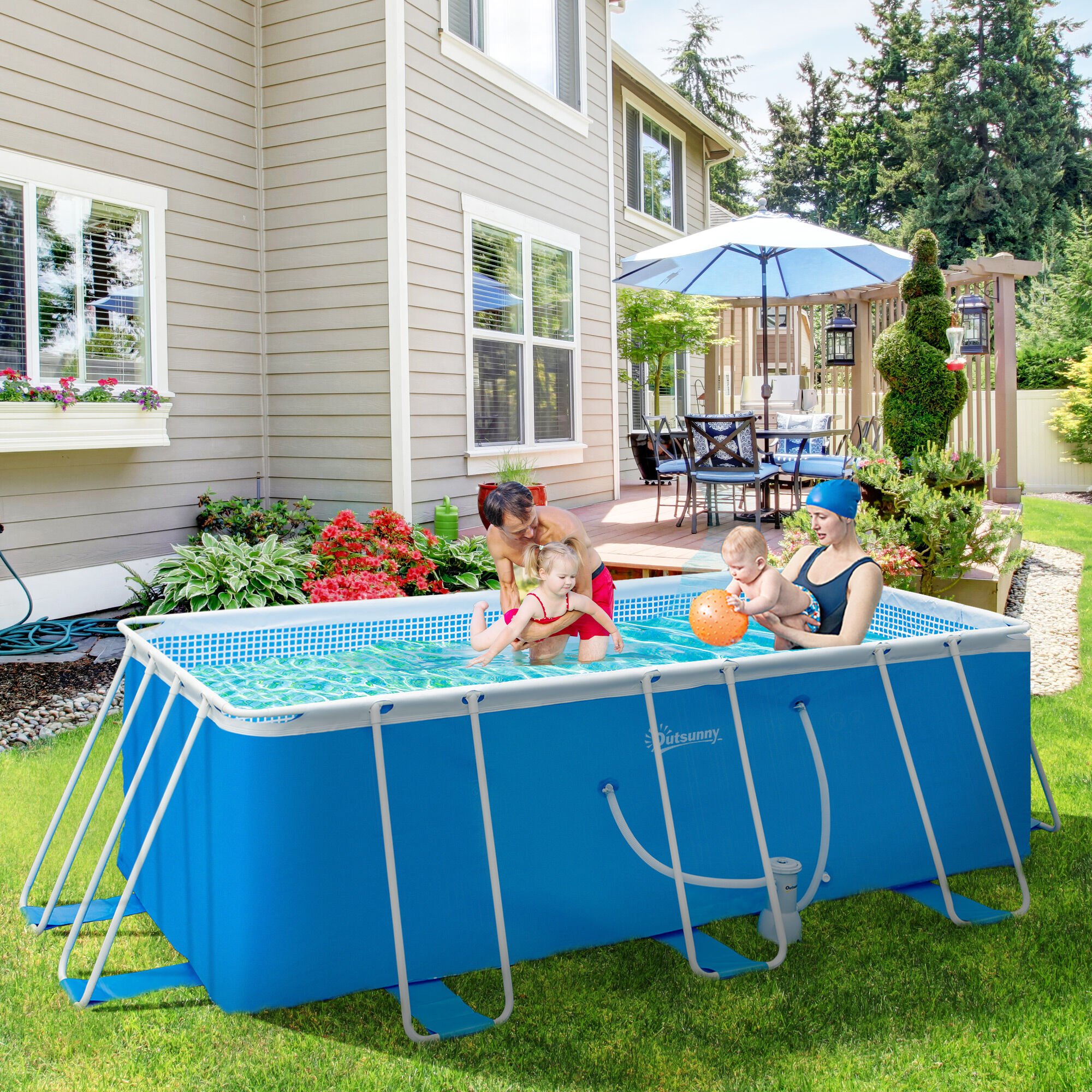 Outsunny Piscina Desmontable 440x240x122 cm Piscina Rectangular de Exterior con Depuradora de Cartucho 4,000 L/H y Marco de Acero 9760 L Azul, , large Imagen numero 2