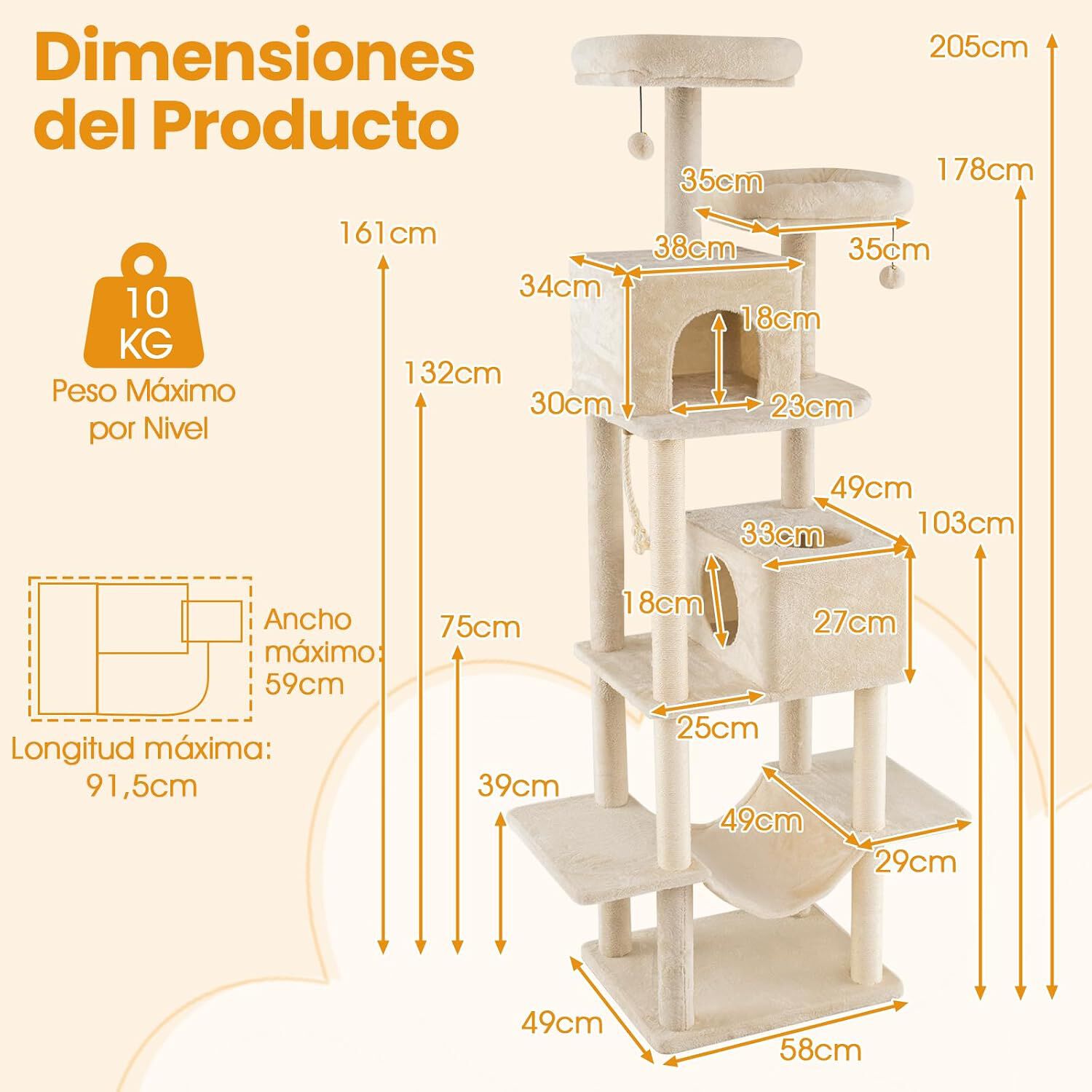 COSTWAY &Aacute;rbol Rascador para Gatos de Varios Niveles, Torre de Escalada para Gatitos con 2 Condos, 2 Perchas de Terciopelo, Postes de Sisal y Cuerda, Juguetes Colgantes, Plataformas M&uacute;ltiples, Beige, , large Imagen numero 5