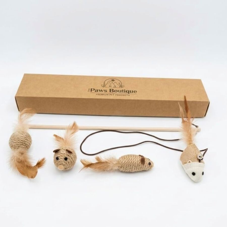 Set Premium de 4 Piezas Resistentes para el Ingenio y Entretenimiento de Mascotas | Juguetes Interactivos para Gatos y Gatitos | Kit de Estimulaci&oacute;n con Ca&ntilde;a o Varita de Madera Natural y Plumas, , large Imagen numero 2
