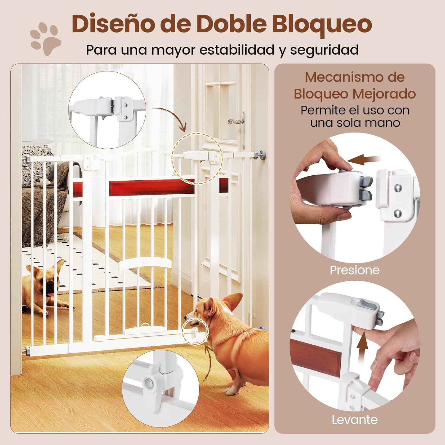 COSTWAY Barrera de Seguridad Extensible para Puertas 74-104 cm, para Puertas y Escaleras, Montaje a Presi&oacute;n sin Taladrar ni Herrajes, Cerraduras Dobles, Puerta de Perro Expandible de Metal (Blanco), , large Imagen numero 3