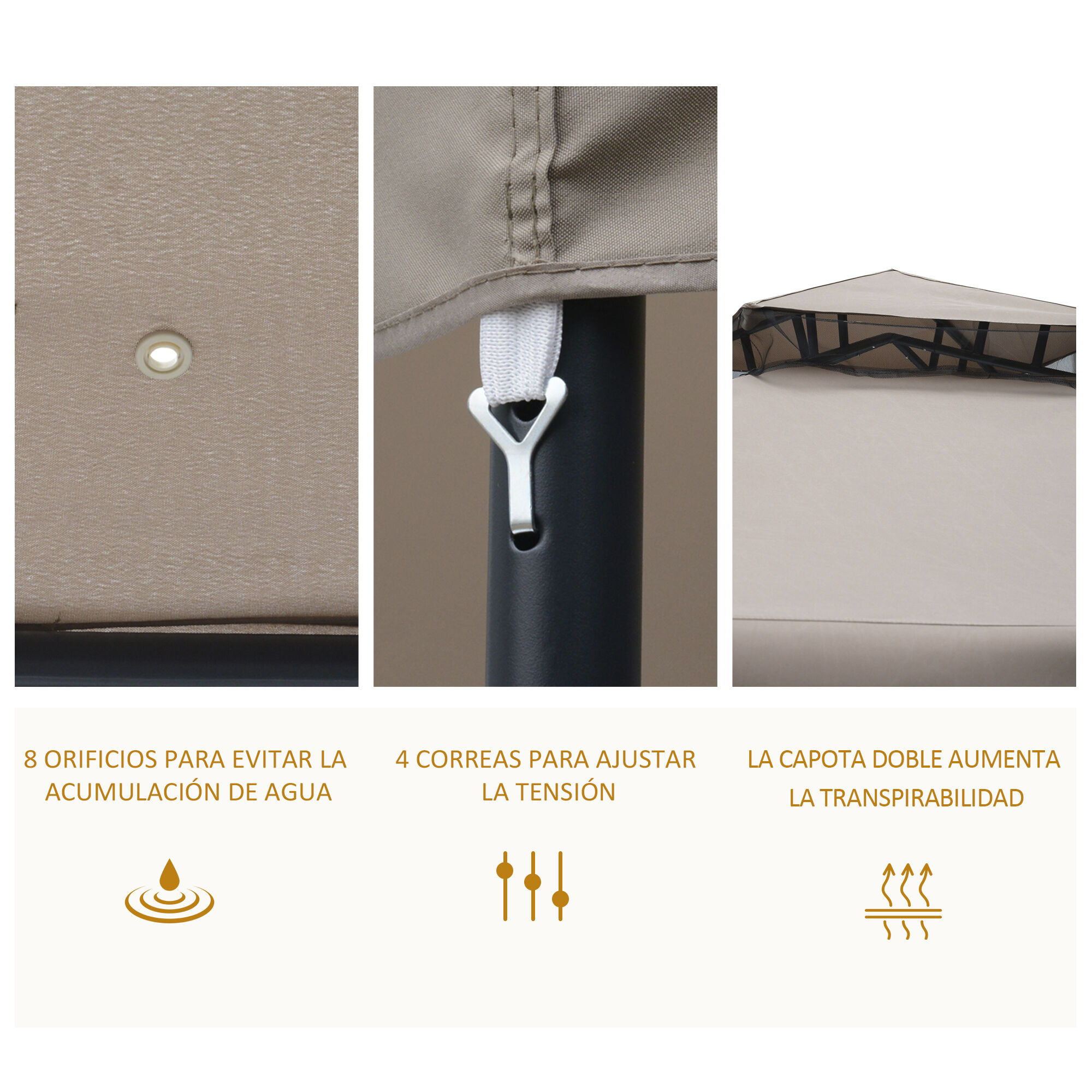 Outsunny Cenador de Jard&iacute;n 3x3 m Pabell&oacute;n de Exterior con Doble Techo de Ventilaci&oacute;n 4 Cortinas Mosquiteras Laterales con Cremallera 8 Orificios de Drenaje Gazebo para Fiestas Patio Marr&oacute;n Pardo, , large Imagen numero 5