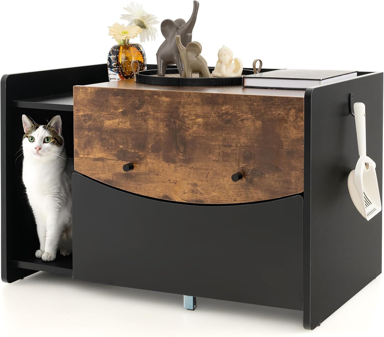 COSTWAY Caja de Arena para Gatos con Cajón Extraíble y Puerta Abatible para gatos