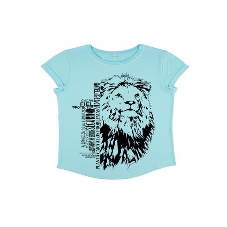 Animal totem camiseta manga corta algodón orgánico león turquesa para mujer, , large image number null
