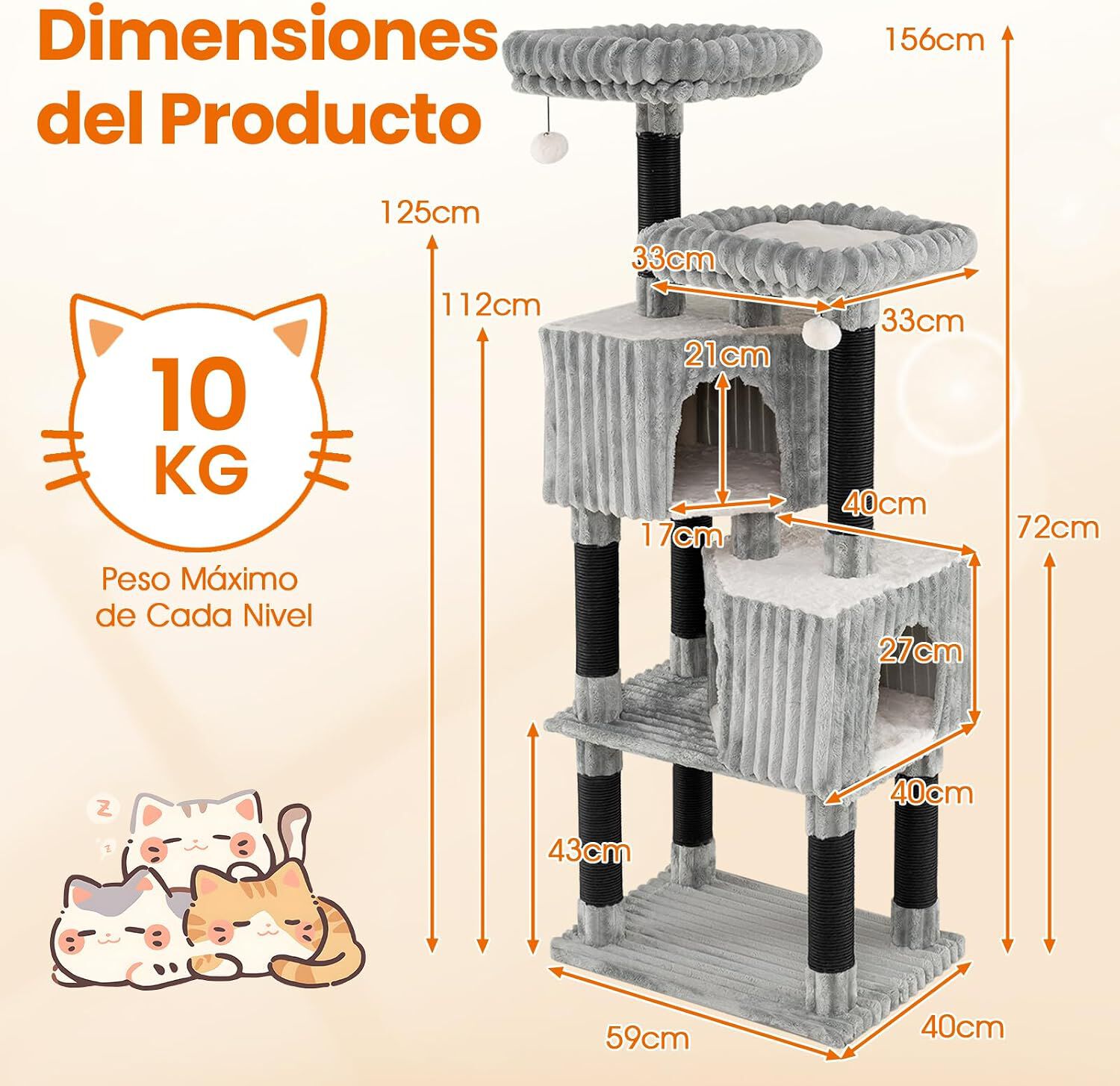 COSTWAY Gran &Aacute;rbol para Gatos de Varios Niveles, Torre Rascador Gatos de 156 cm con 2 Condos, 2 Camas Perchero, Postes para Rascar, Bolas Colgantes con Cascabeles, Revestimiento Suave de Franela, Gris, , large Imagen numero 5