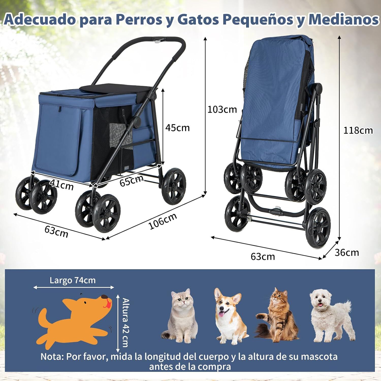 COSTWAY Cochecito para Mascotas Plegable, Carrito de Viaje Port&aacute;til para Mascotas con Malla Transpirable, Claraboya, Bolsillos, Carrito Plegable para Mascotas Peque&ntilde;as y Medianas (azul), , large Imagen numero 5