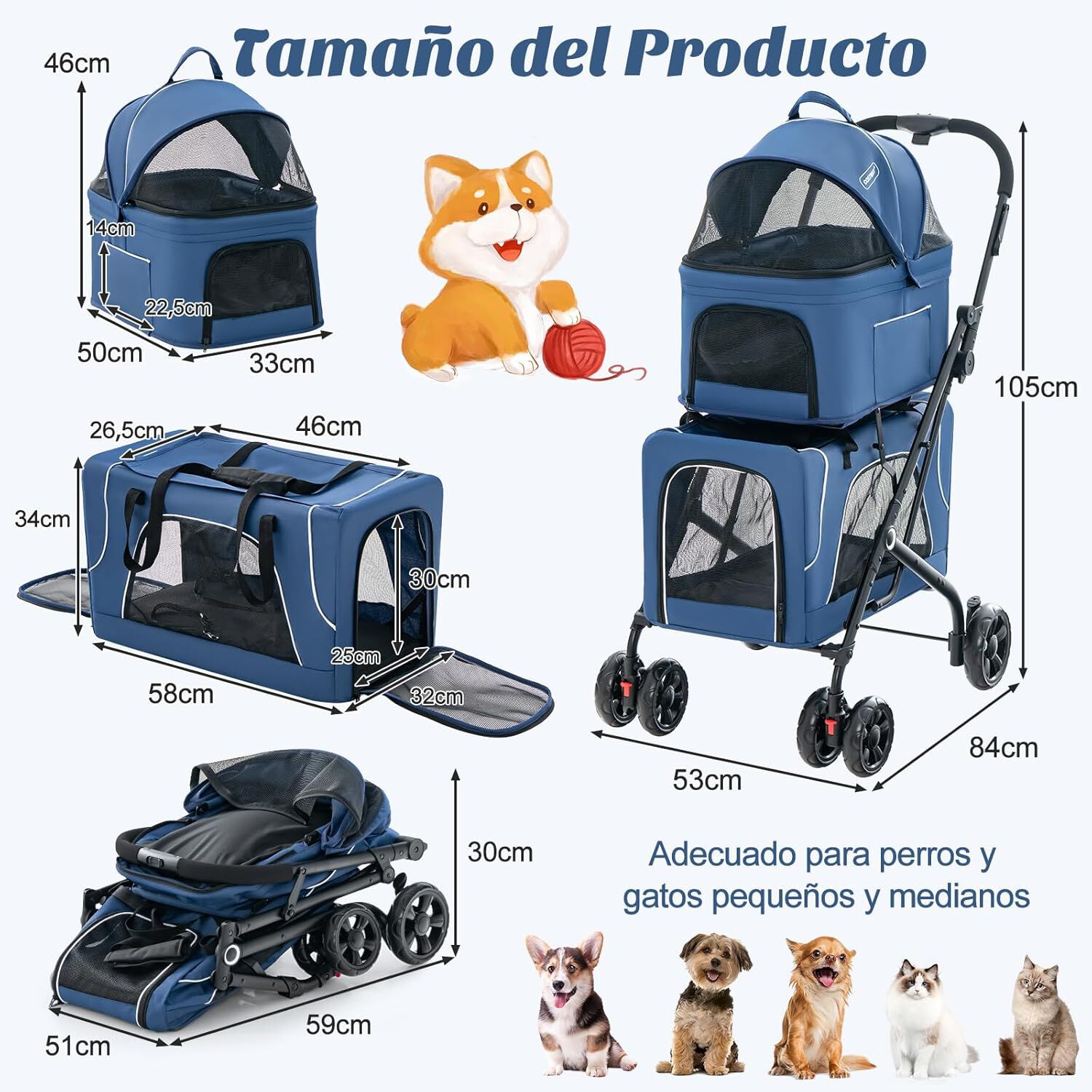 COSTWAY Cochecito para Perros Plegable, 3 en 1 Carrito para 2 Perros o Gatos, con 2 Transportines Desmontables, Cintur&oacute;n de Seguridad, Cojines Desmontables, Carrito de Viaje para Mascotas (Azul), , large Imagen numero 2