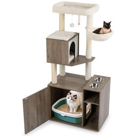 COSTWAY &Aacute;rbol Rascador con Caja de Arena para Gatos, Mueble Arenero Gatos con Poste y Alfombrilla Rascadora de Sisal, Pelota, Ba&ntilde;o Oculto, 2 Comederos, Caja de Arena Oculta Gato (Gris + Blanco)