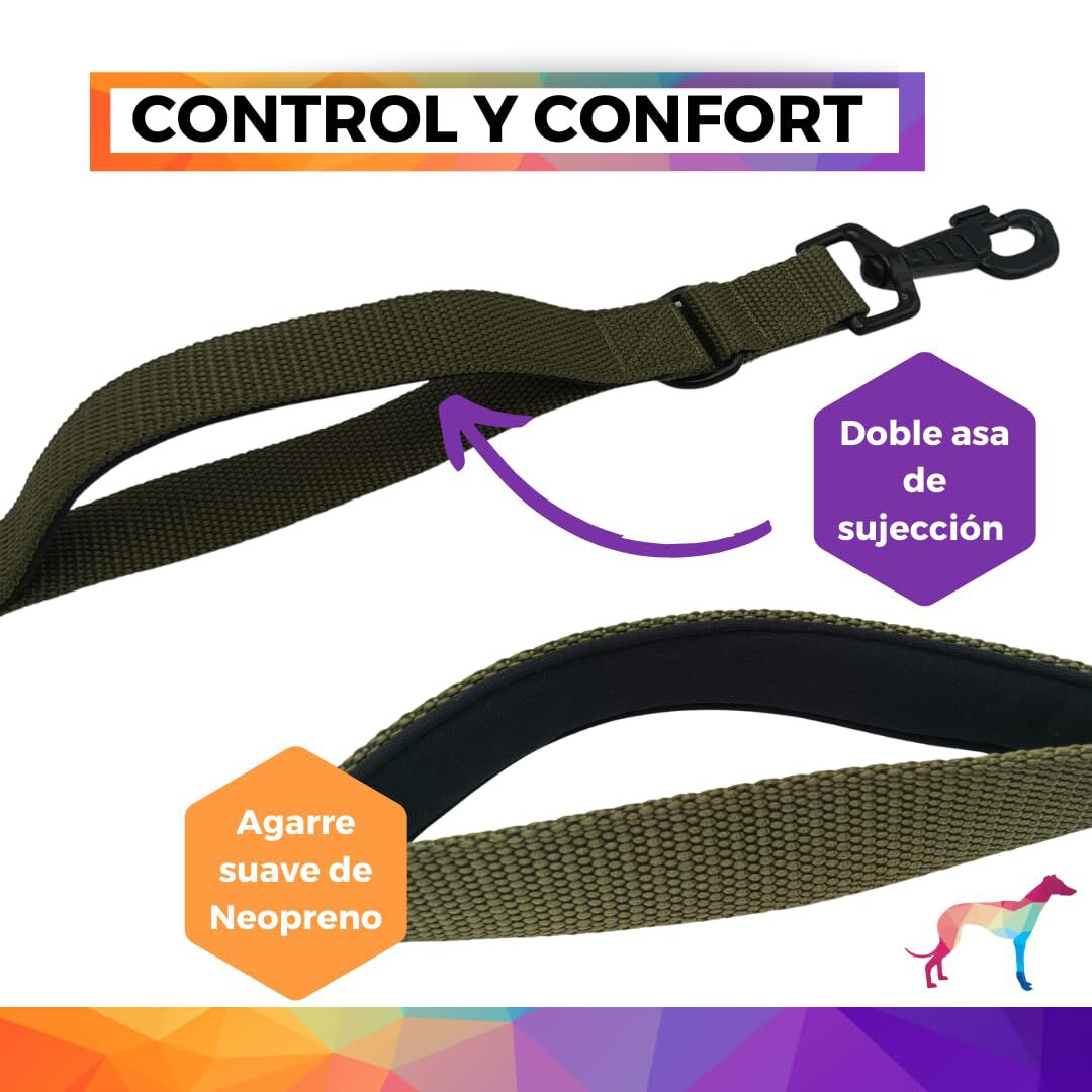 EGV - Correa multiposicion perro con doble asa de neopreno. Correa perro manos libres de 2,50 metros de longitud. (Verde militar), , large Imagen numero 2
