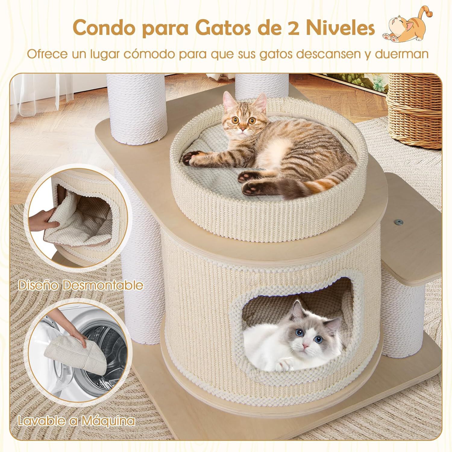 COSTWAY 151 cm &Aacute;rbol Rascador para Gatos, Torre Rascador para Gatitos con Percha Acolchada, Condo de 2 Niveles, Tapetes Desmontables, Poste para Rascar, Hamaca Acogedora, Castillo para Gatos, Blanco, , large Imagen numero 3