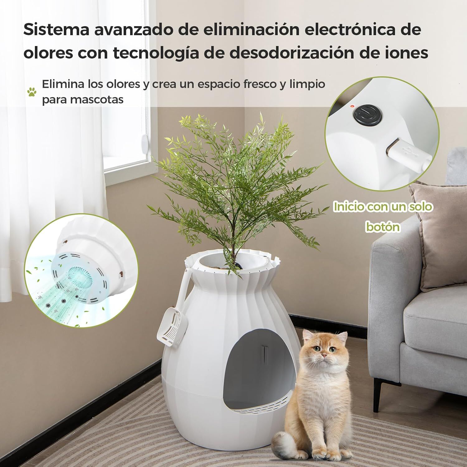 COSTWAY Caja de Arena Oculta, Incluye Planta Sint&eacute;tica Eliminaci&oacute;n Electr&oacute;nica de Olores y Esterilizaci&oacute;n, Caja De Arena para Plantas para Gatos, , large Imagen numero 4